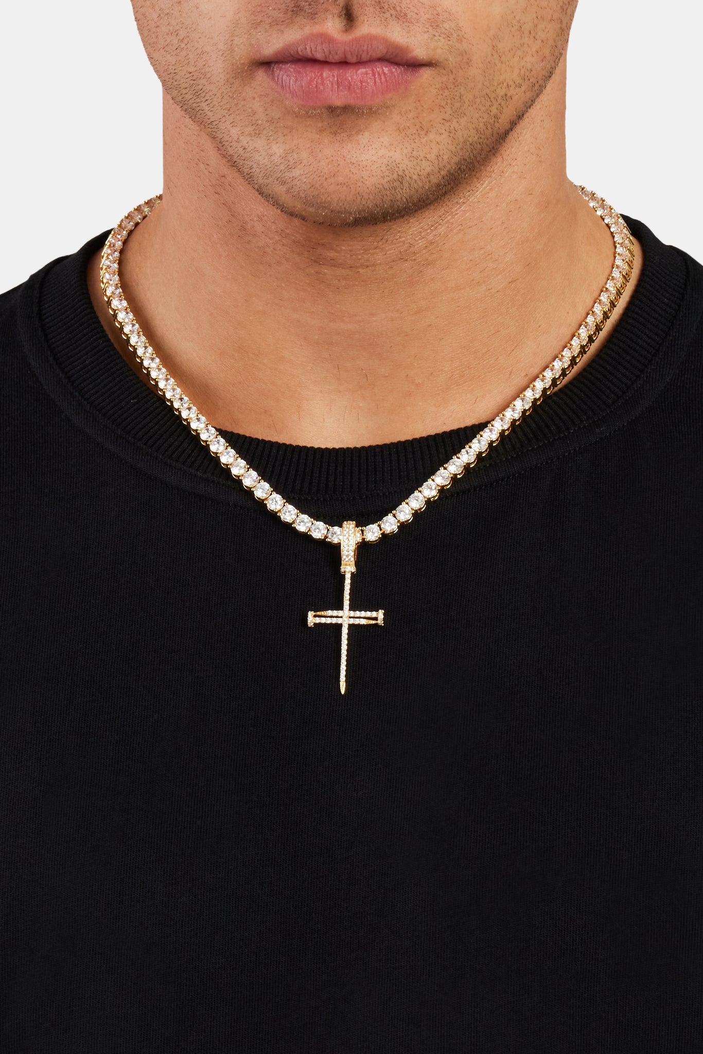 925 Sterling Silver Iced Nail Cross Pendant - Gold
