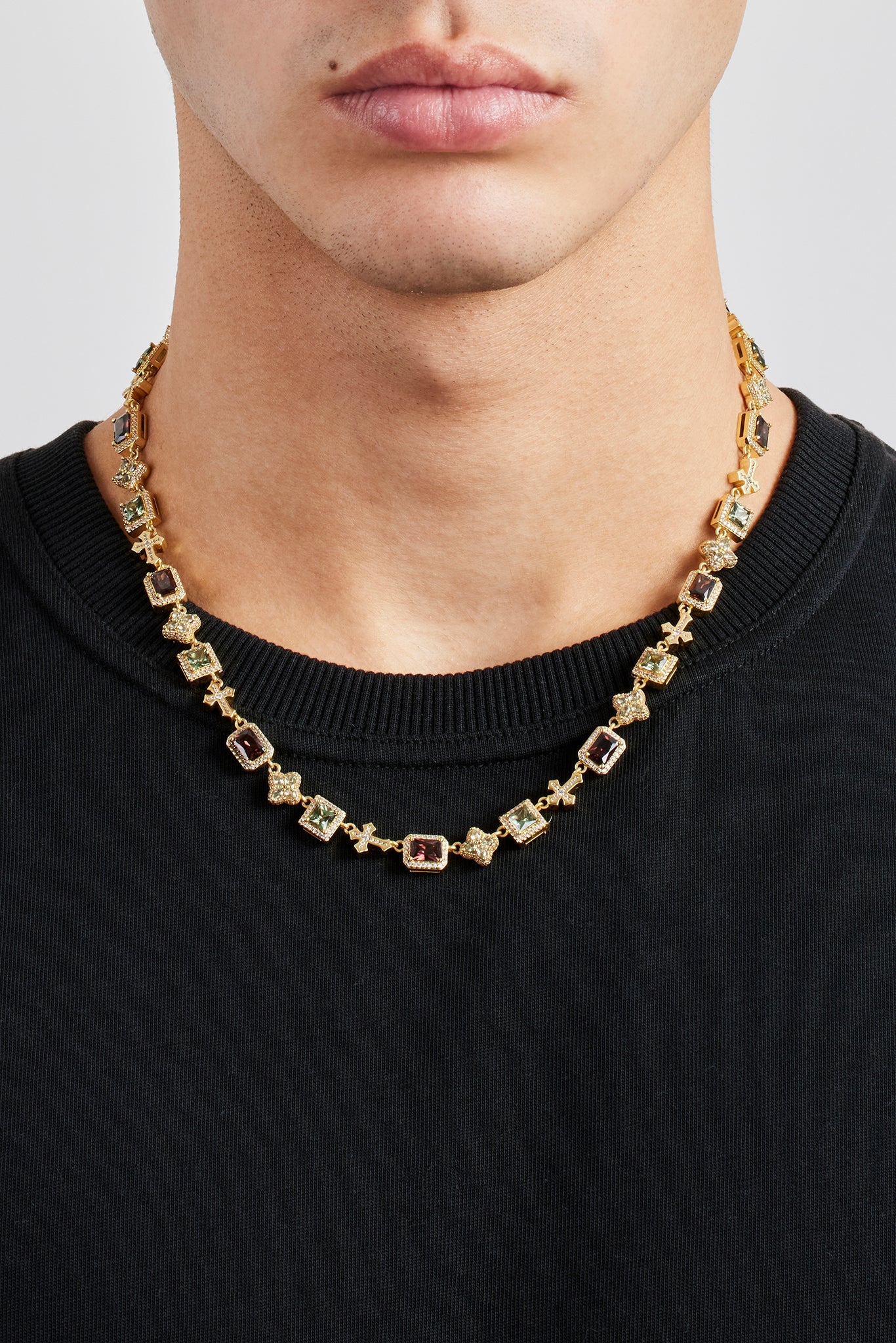 Chocolate Motif & Cross Multi Gemstone Chain -Â 8mm - Gold