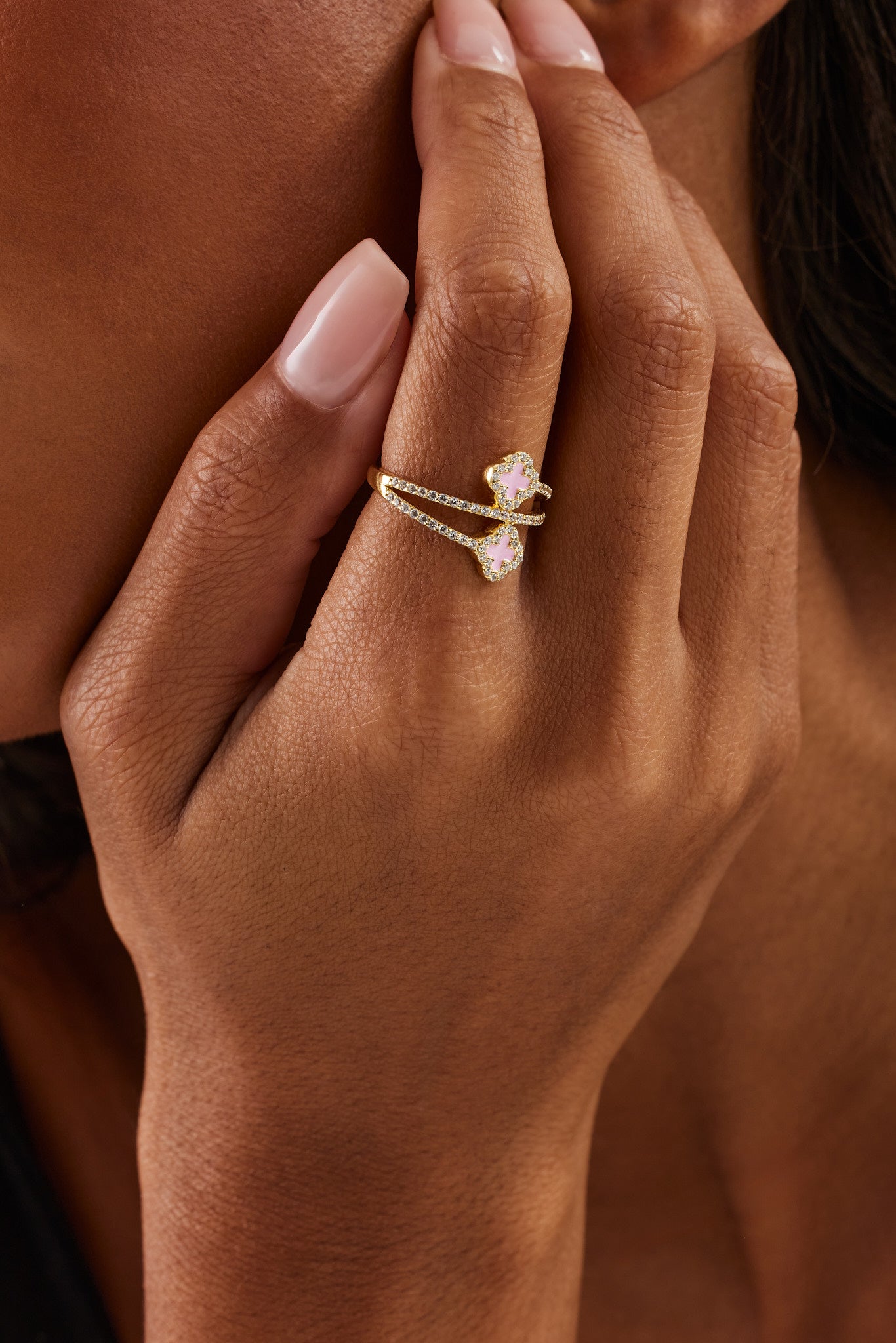 Gold Plated 925 15mm Pink Enamel Motif Twist Ring