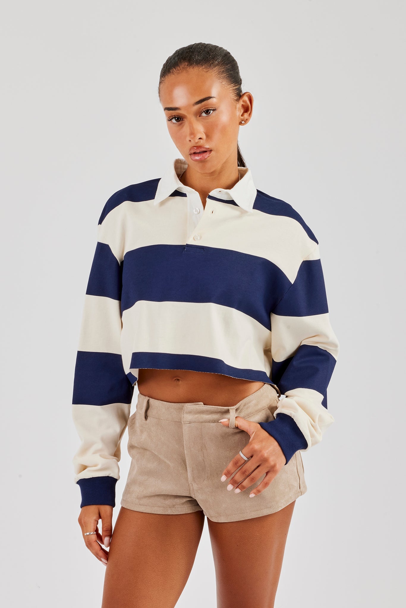 Women's Cropped Striped Rugby Polo Top - Navy | Womens Shirts