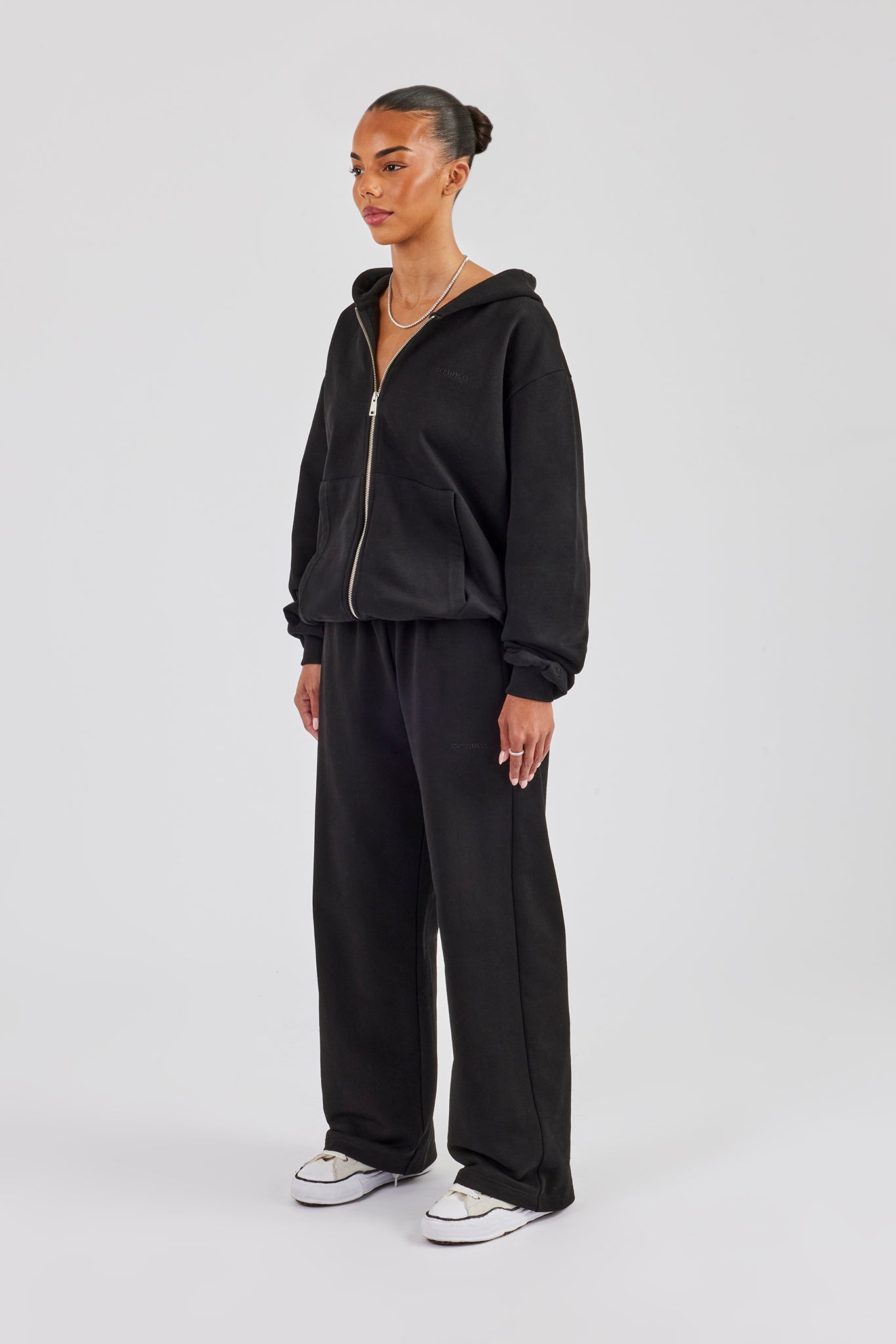 Cernucci Oversized Zip Through Hoodie & Wide Leg Jogger - Black