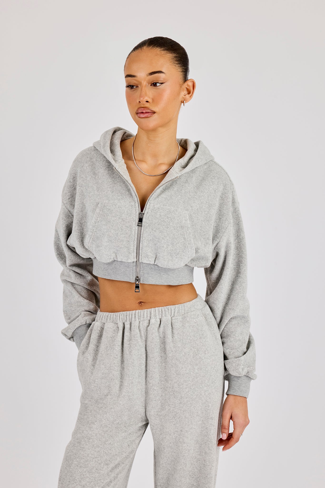 Towelling Cropped Zip Hoodie - Grey | Womens Hoodies & Sweats