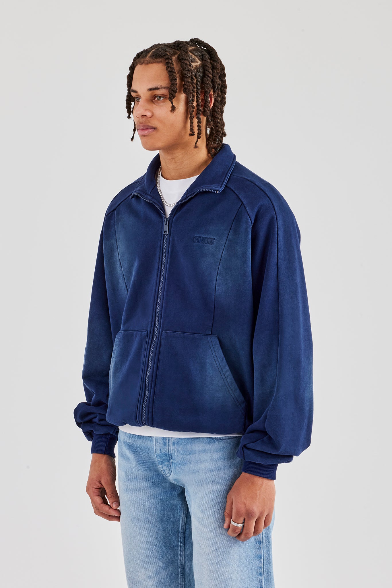 Washed Raglan Seam Detail Zip Through Hoodie - Navy Blue