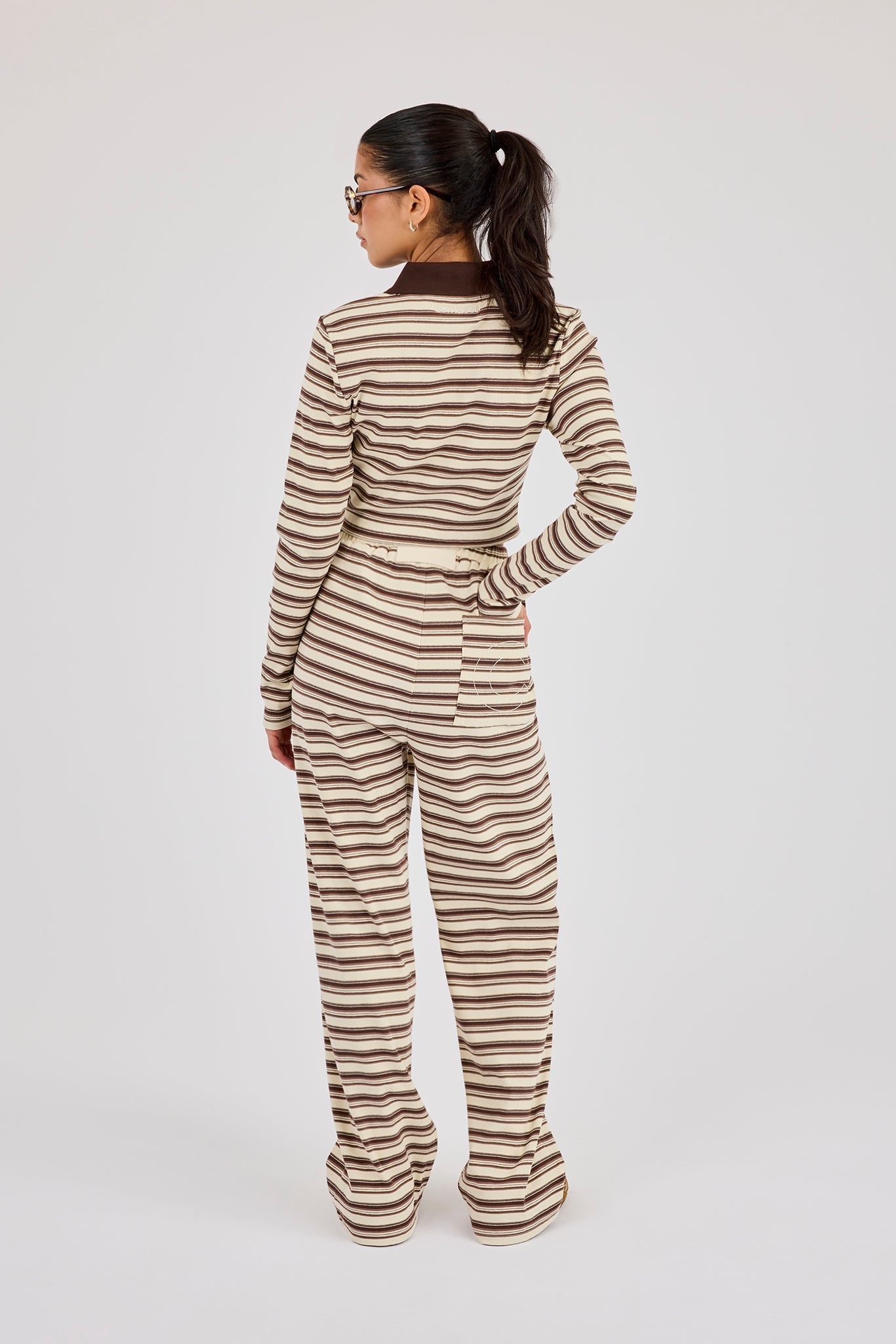Stripe Fitted Polo Top & Wide Leg Trouser- Off White