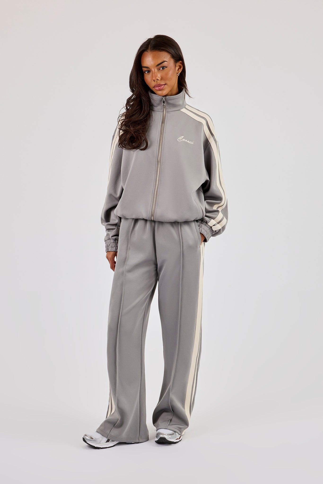 Funnel Neck Taping Zip Through Tracksuit - Grey | Womens Sets