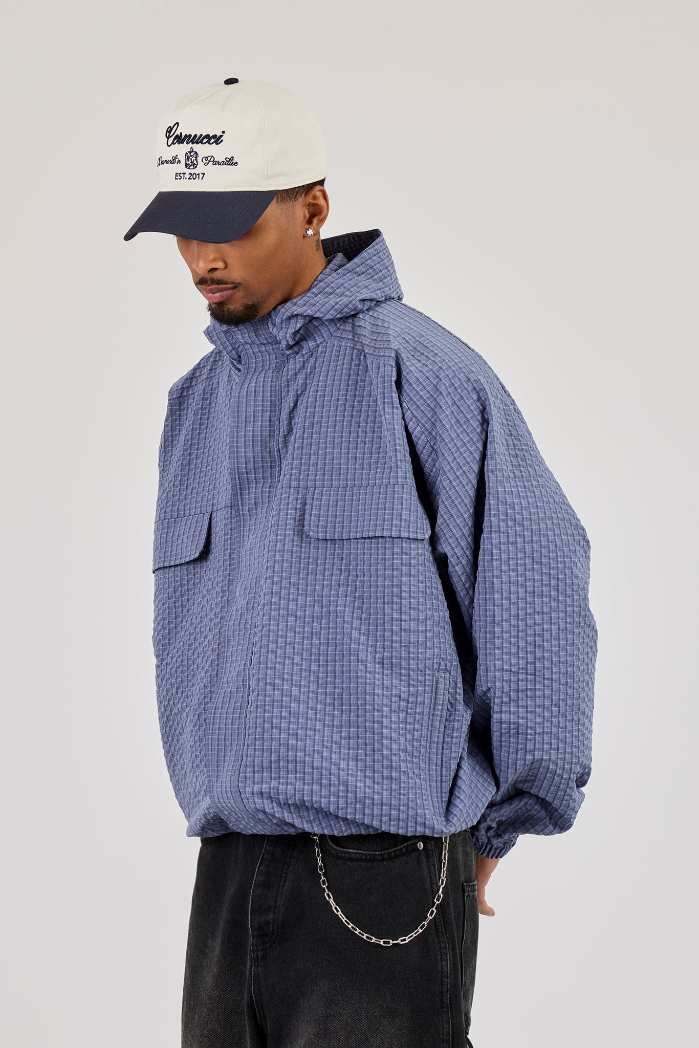 Nylon Check Hooded Windbreaker - Blue
