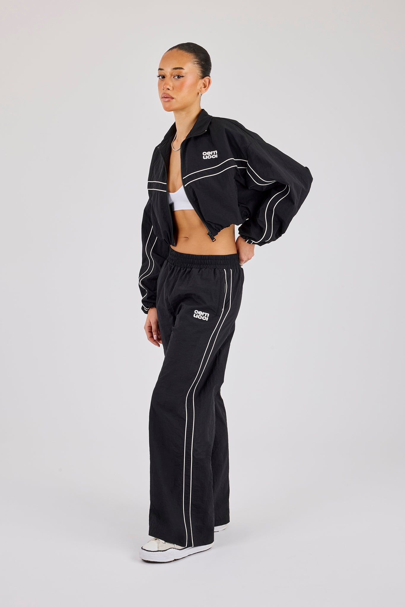 Crinkle Nylon Cropped Piping Track Jacket & Wide Leg Jogger - Black