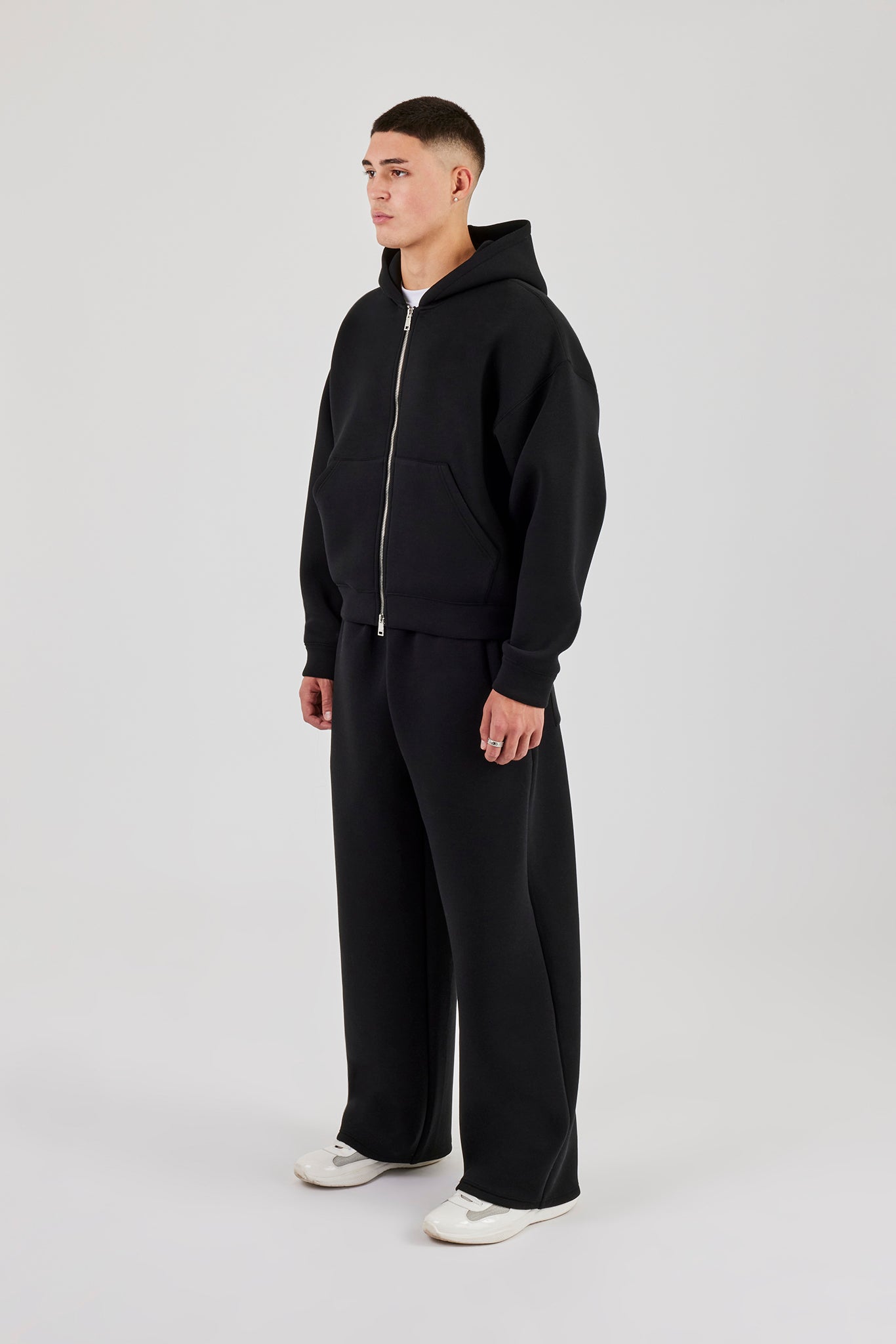 Scuba Zip Through Boxy Hoodie & Baggy Fit Trouser - Black