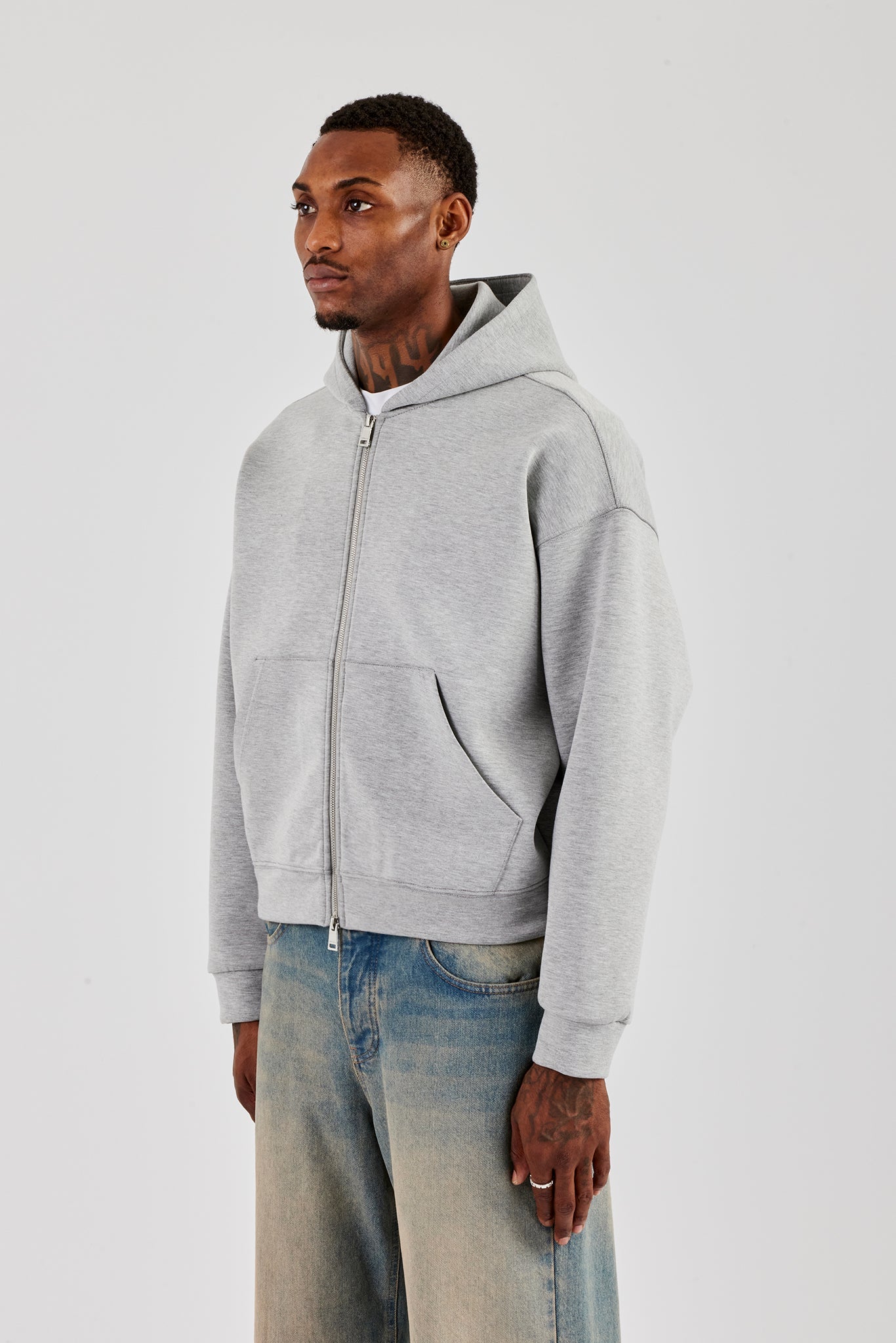 Scuba Zip Through Boxy Hoodie - Grey