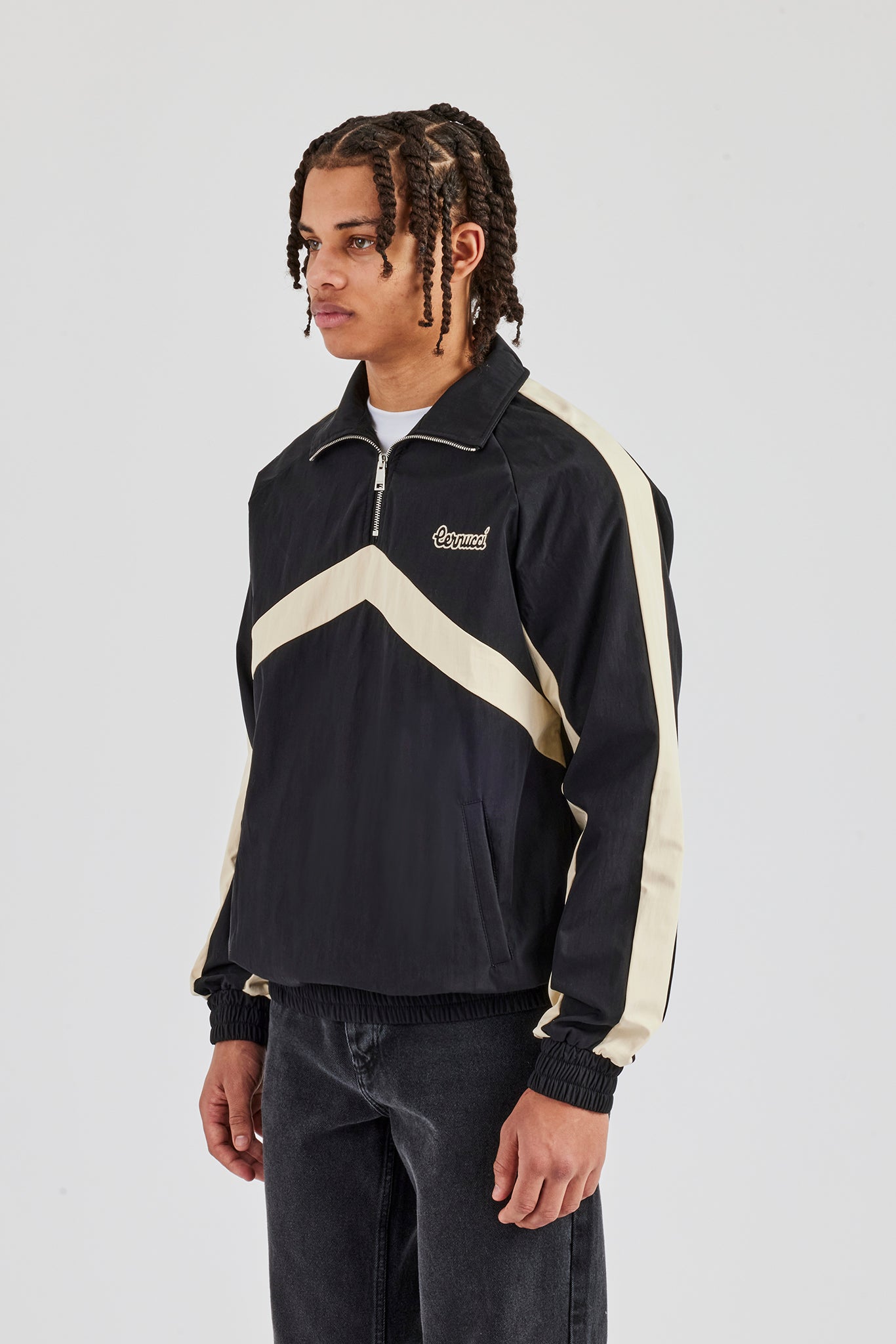 Quarter Zip Nylon Contrast Stripe Jacket - Black
