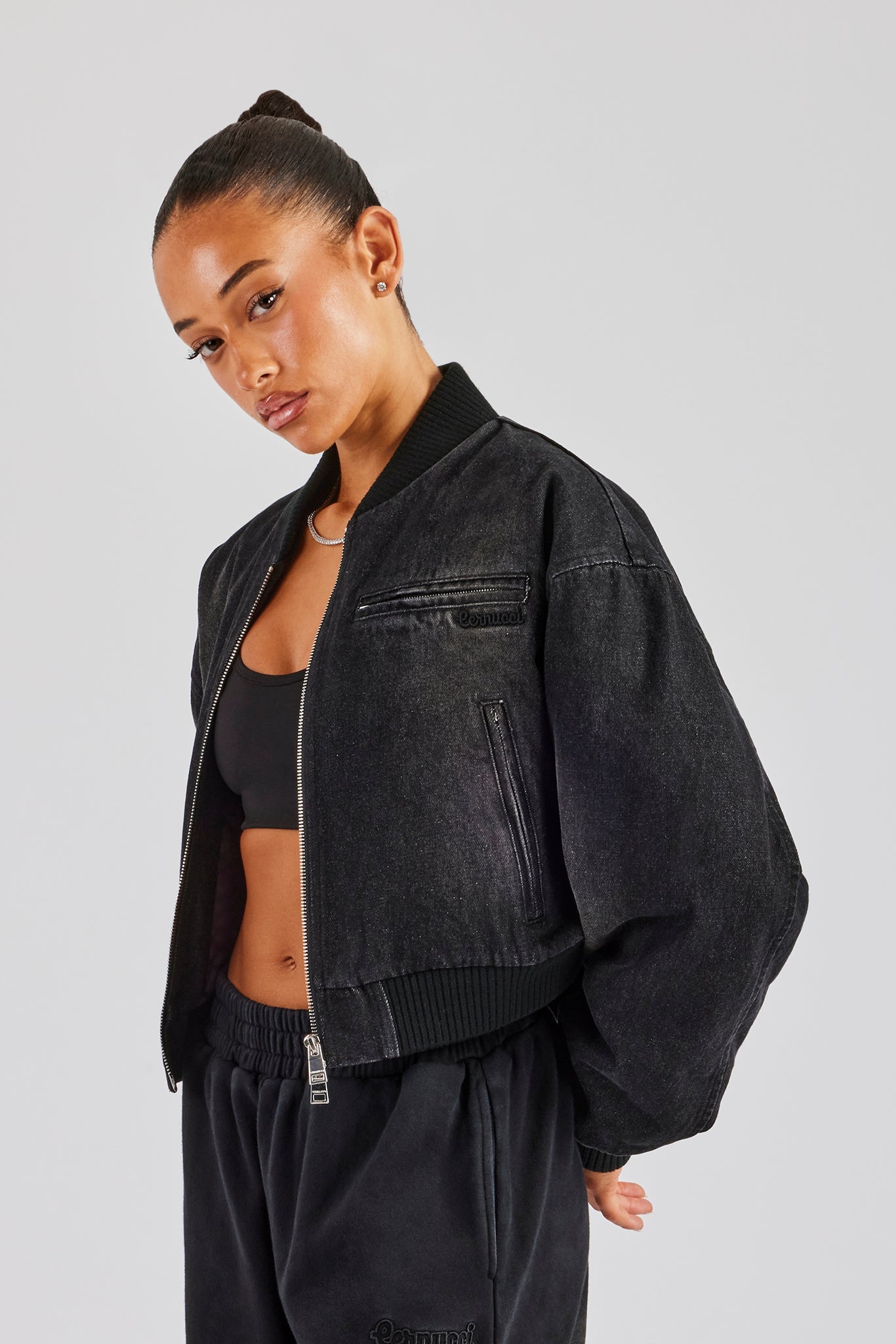 Washed Denim Bomber Jacket - Black | Womens Outerwear | Shop