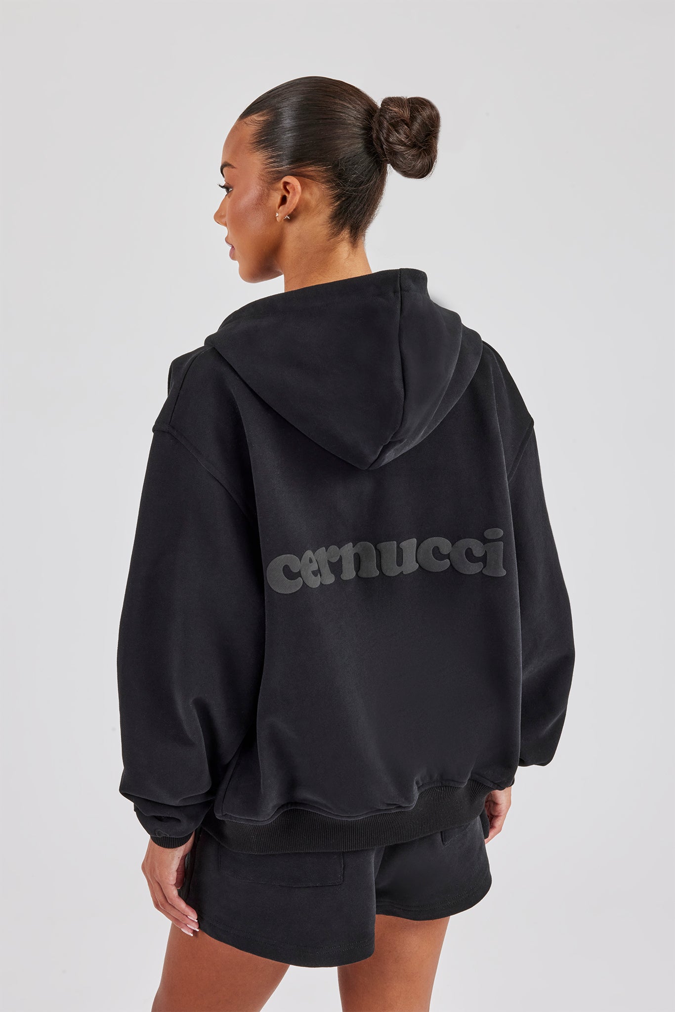 Zip Through Hoodie & Embroidered Short - Black