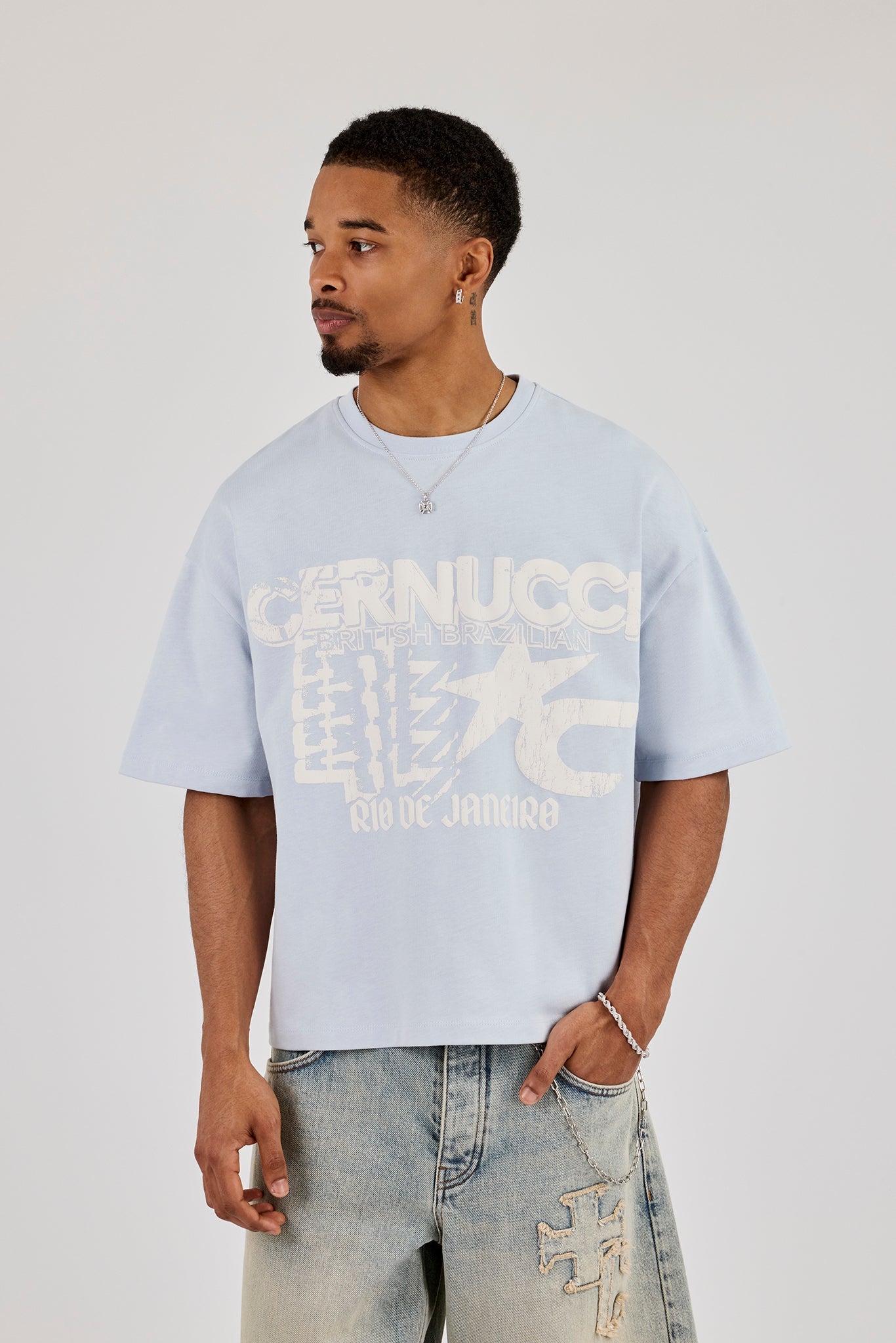 Brazillian Puff Print Boxy T-Shirt - Light Blue