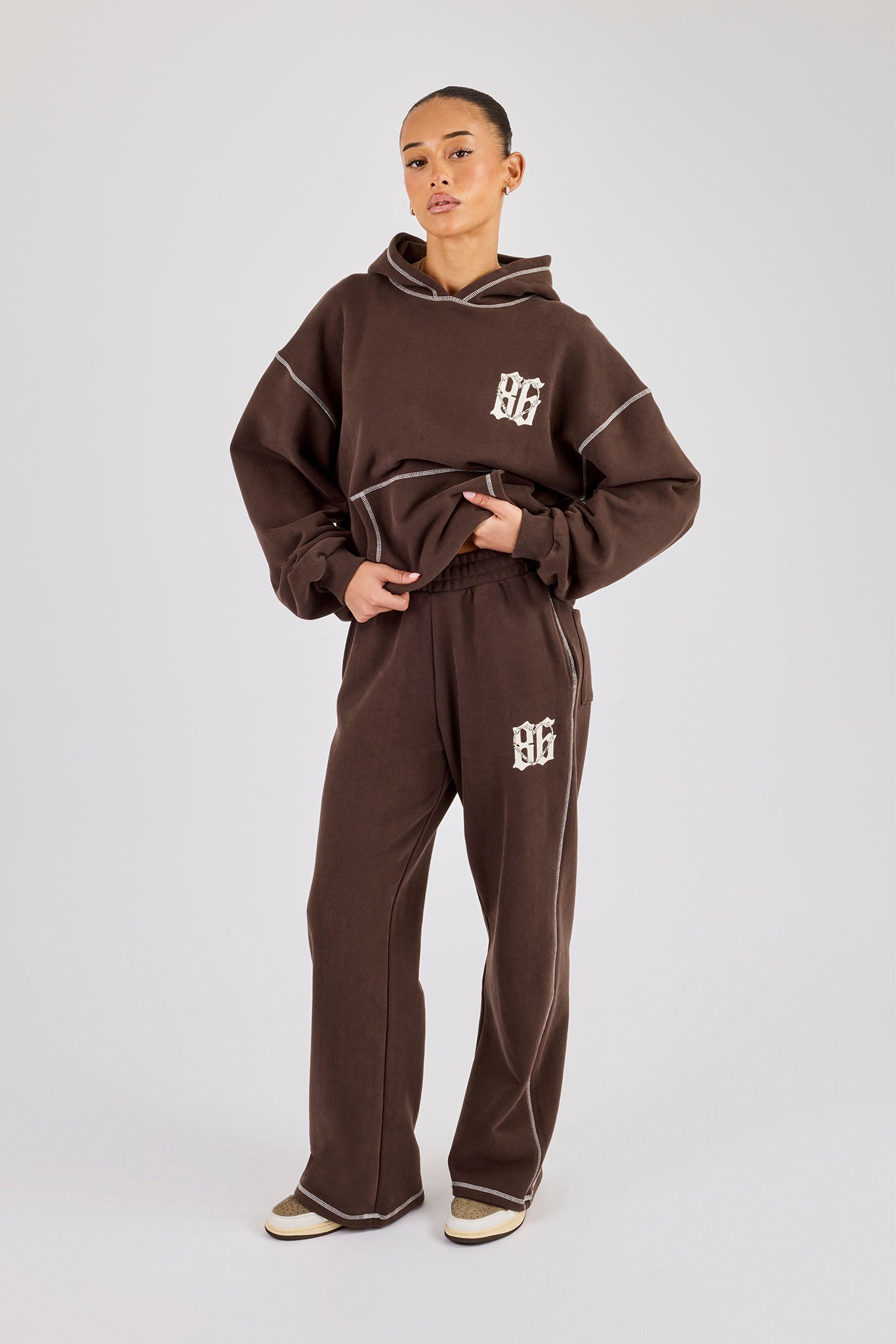 Distressed 86 Oversized Hoodie & Wide Leg Jogger - Chocolate