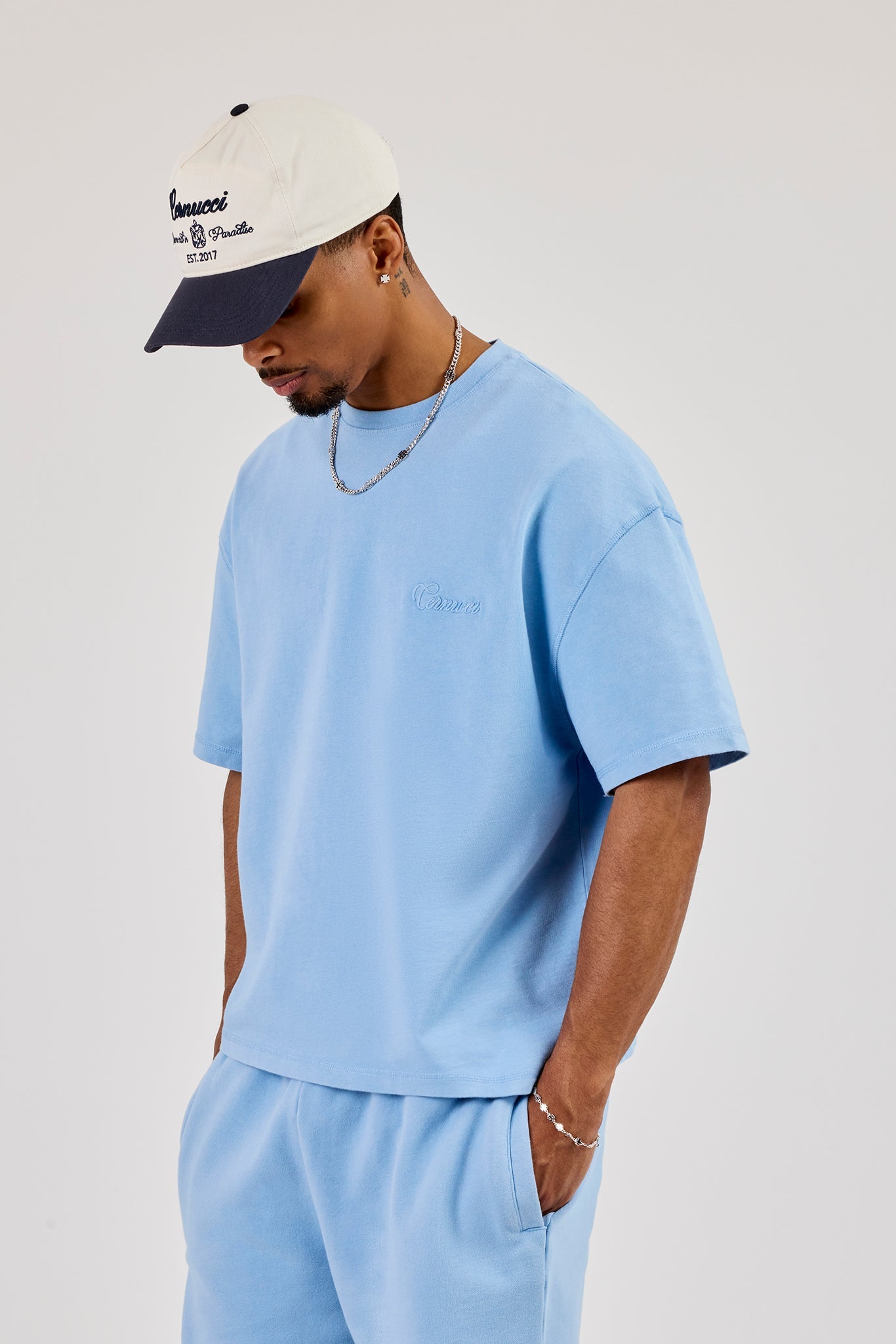 Washed Boxy Logo Rope Embroidered T-Shirt - Light Blue