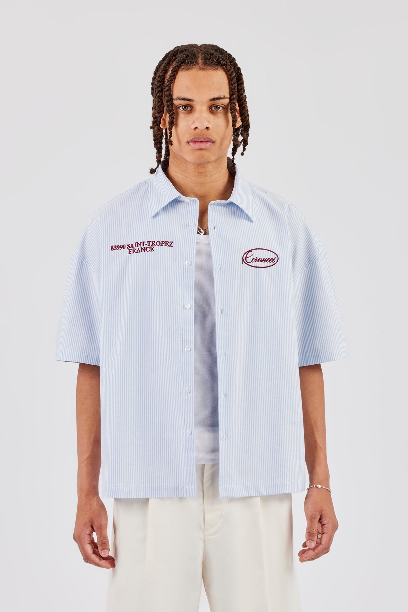 Boxy Stripe Short Sleeve Shirt - Blue