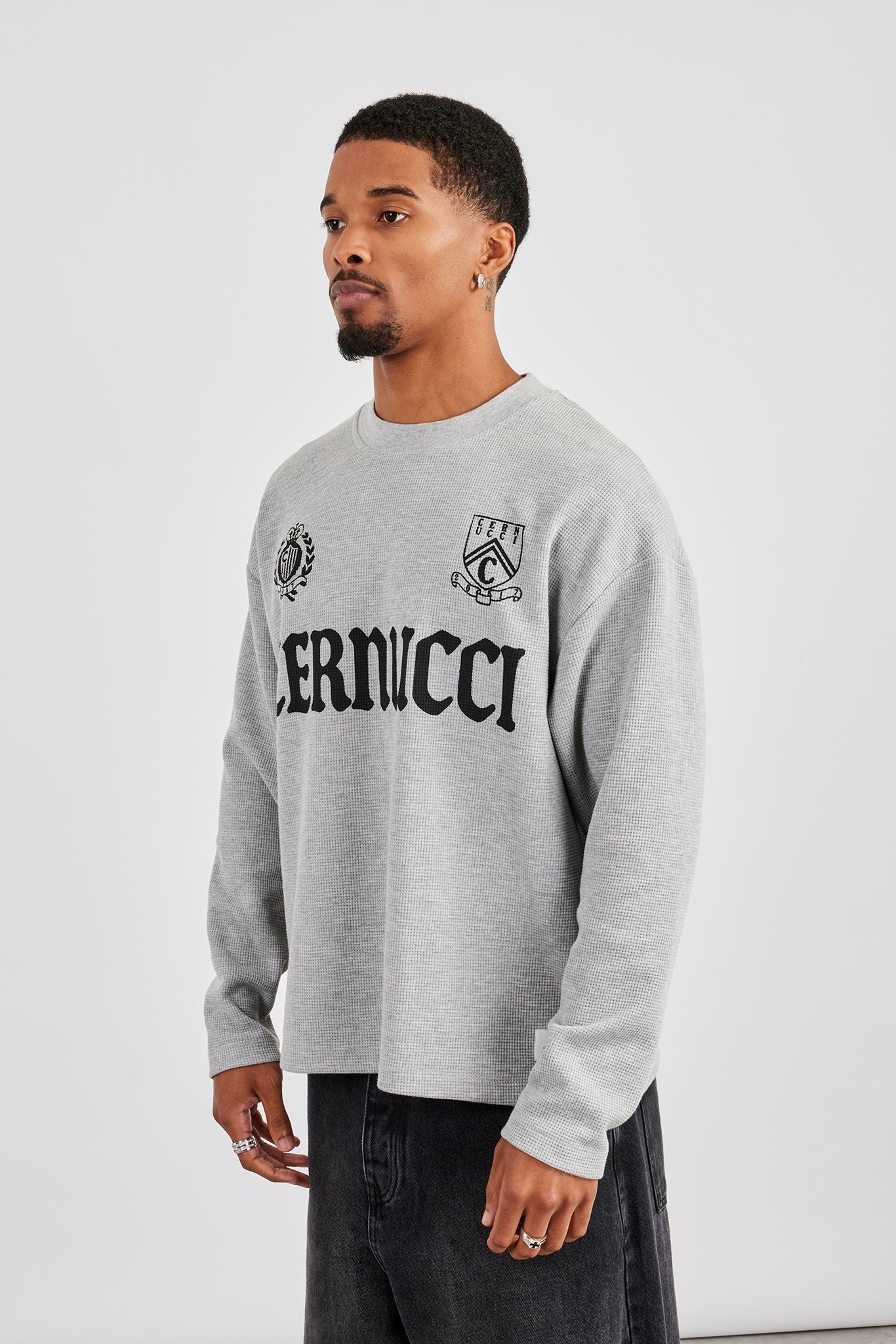 Long Sleeve Waffle Print T-Shirt - Grey