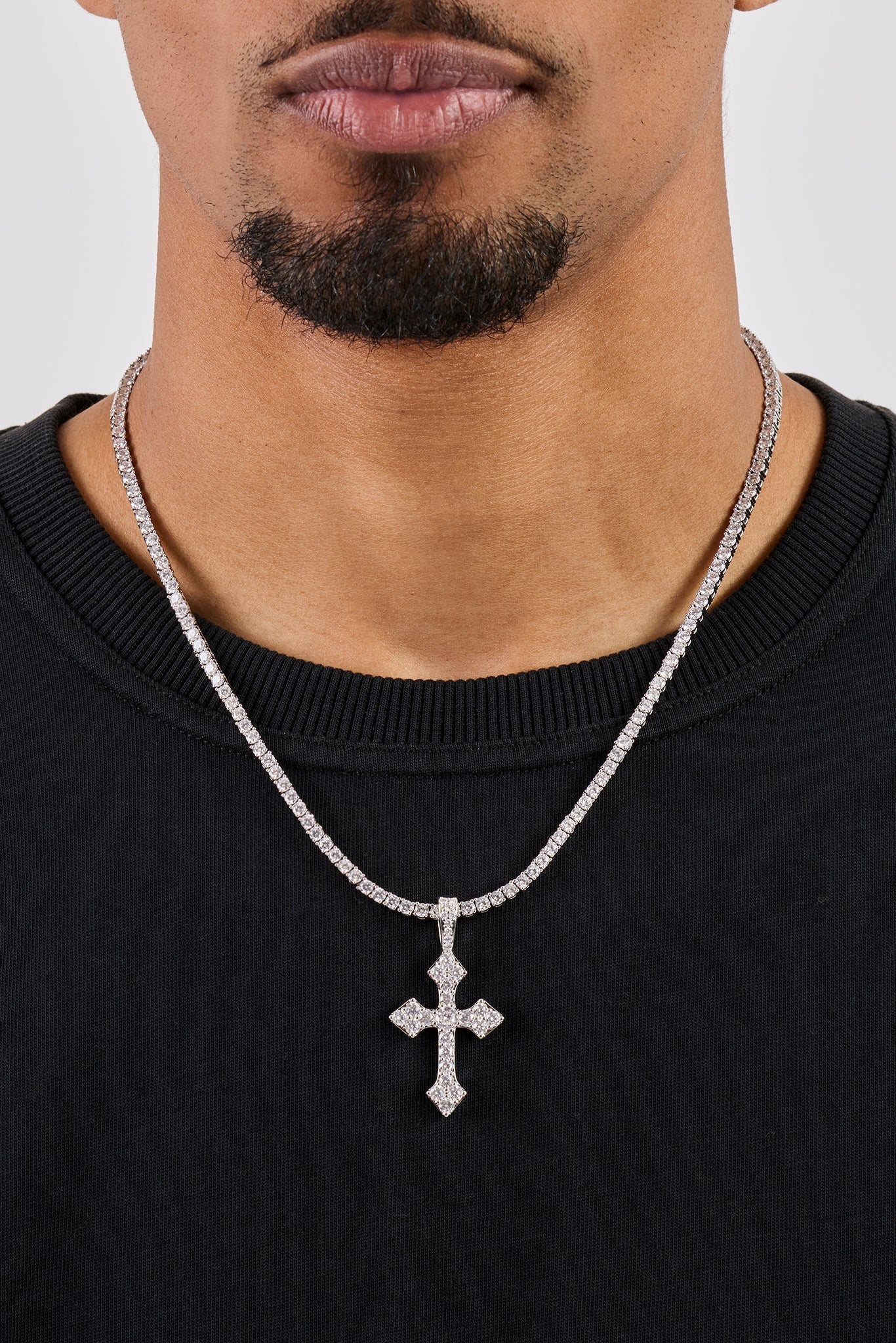 Iced Celtic Cross Pendant Tennis Necklace - 35mm - White