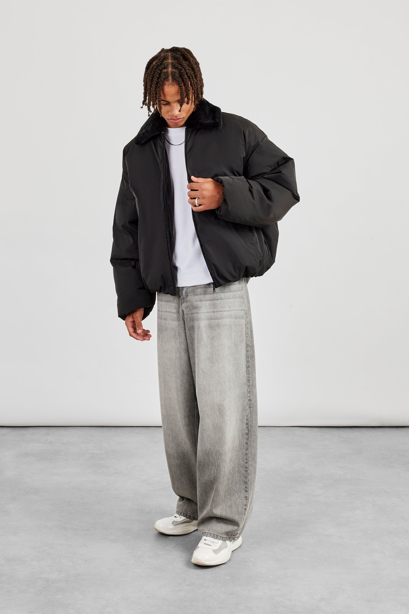 Oversized Bomber With Fur Collar - Black