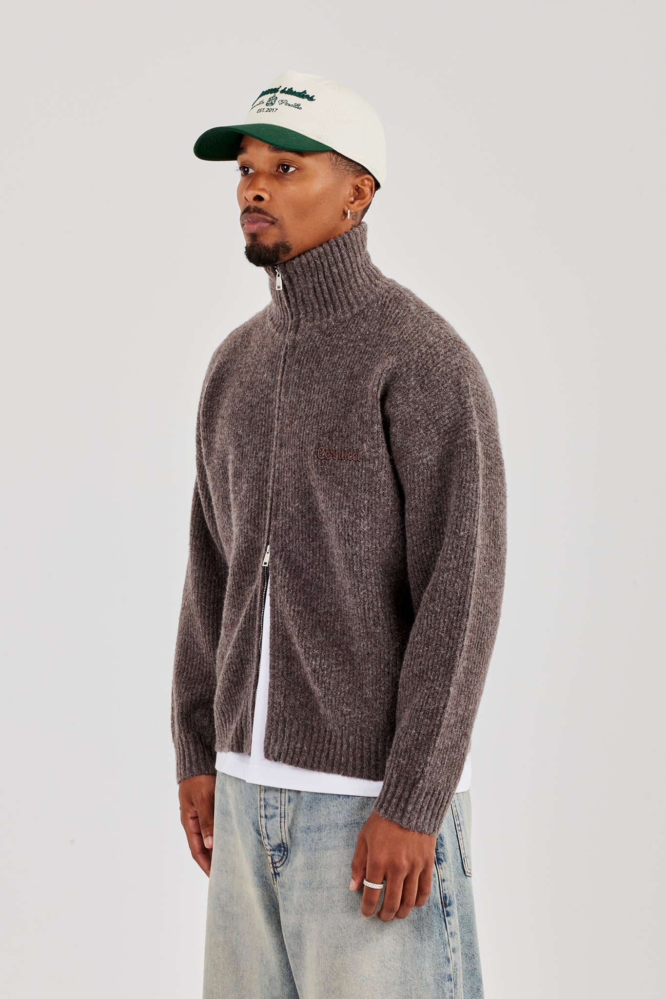 Knitted Funnel Neck Zip Through - Mocha