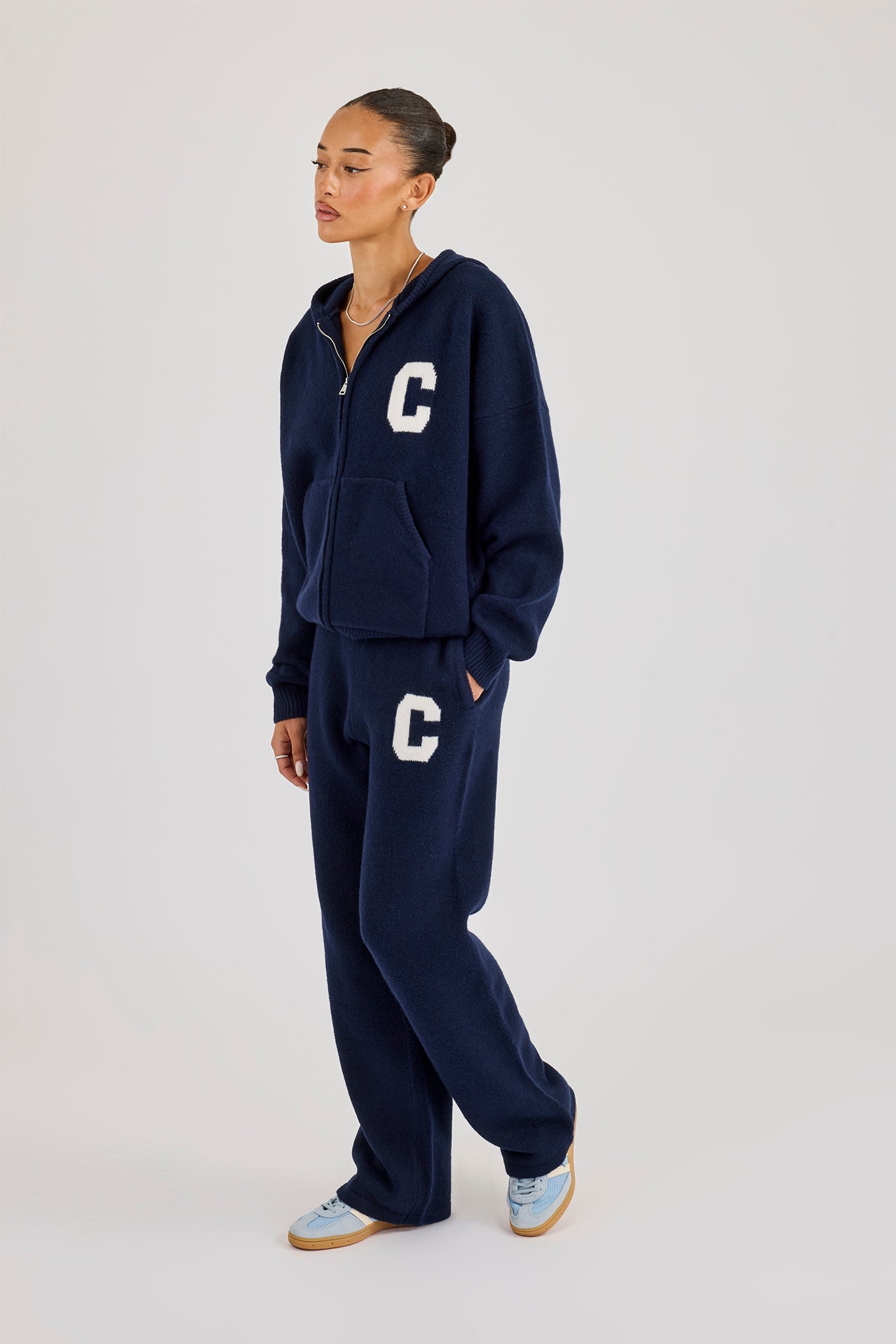 Hooded Zip Through Knitted Tracksuit - Navy