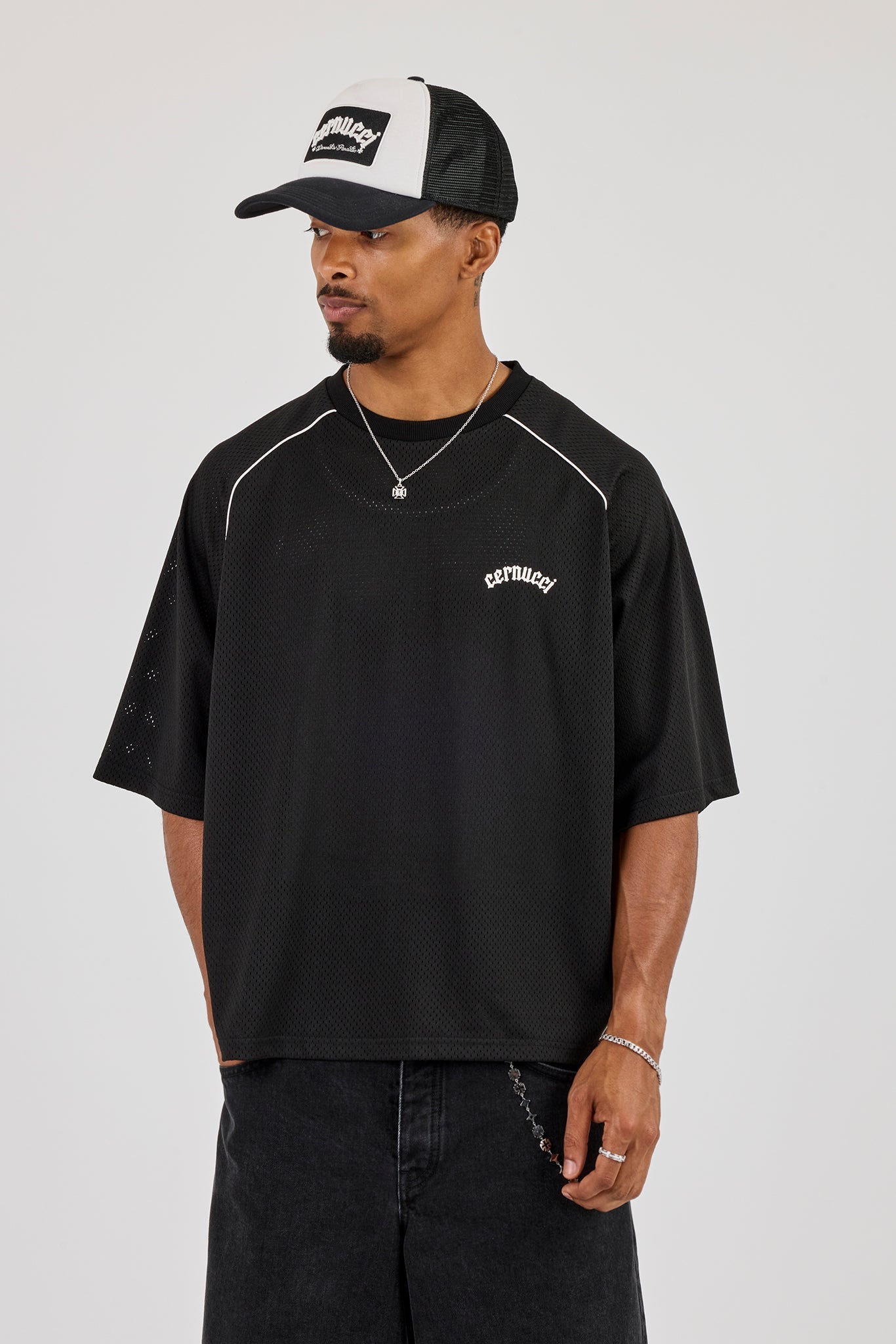 Mesh Back Print Oversized T-Shirt - Black