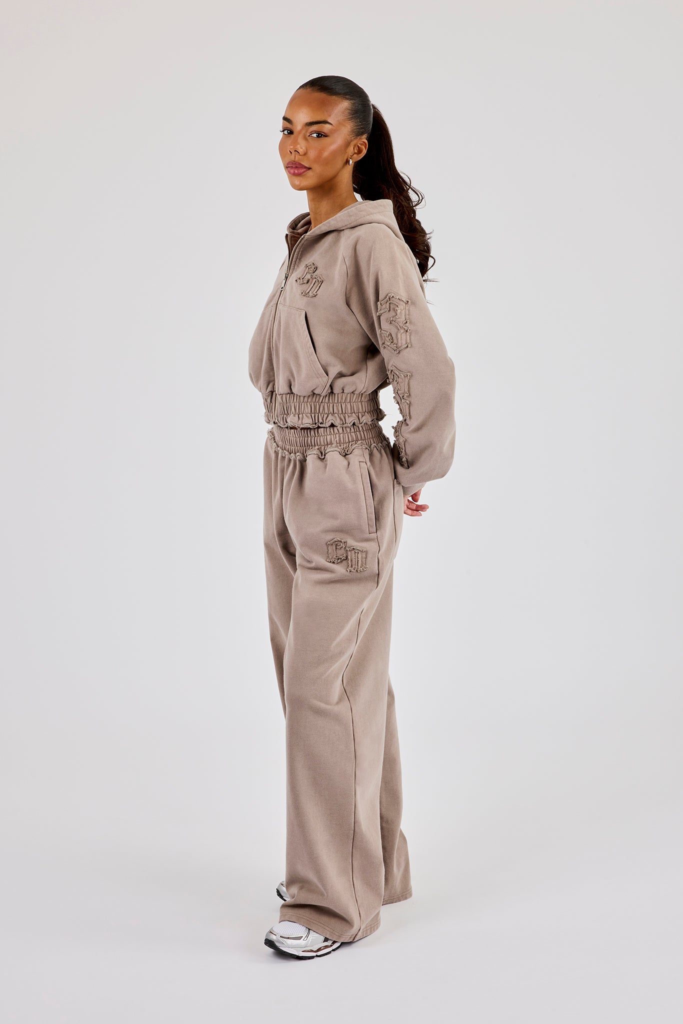 Applique Cropped Zip Hoodie & Wide Leg Jogger - Washed Taupe