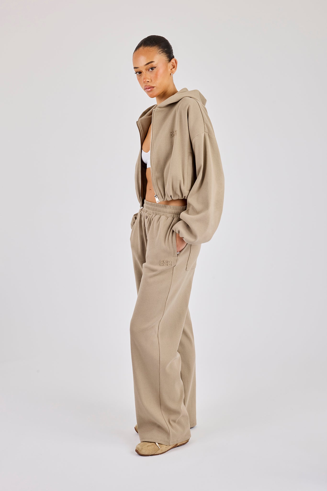 Ottoman Rib Hooded Zip Through & Wide Leg Jogger - Taupe