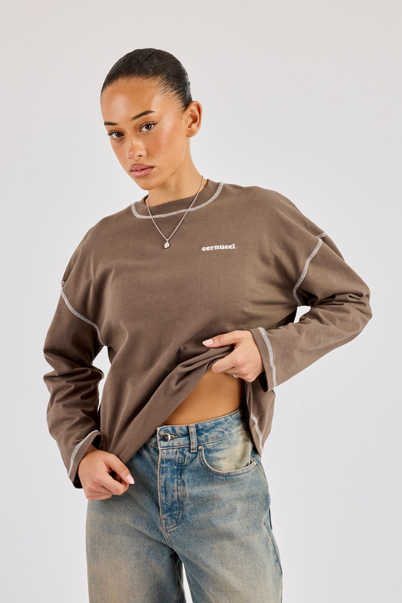 333 Contrast Stitch Long Sleeve T-Shirt - Taupe