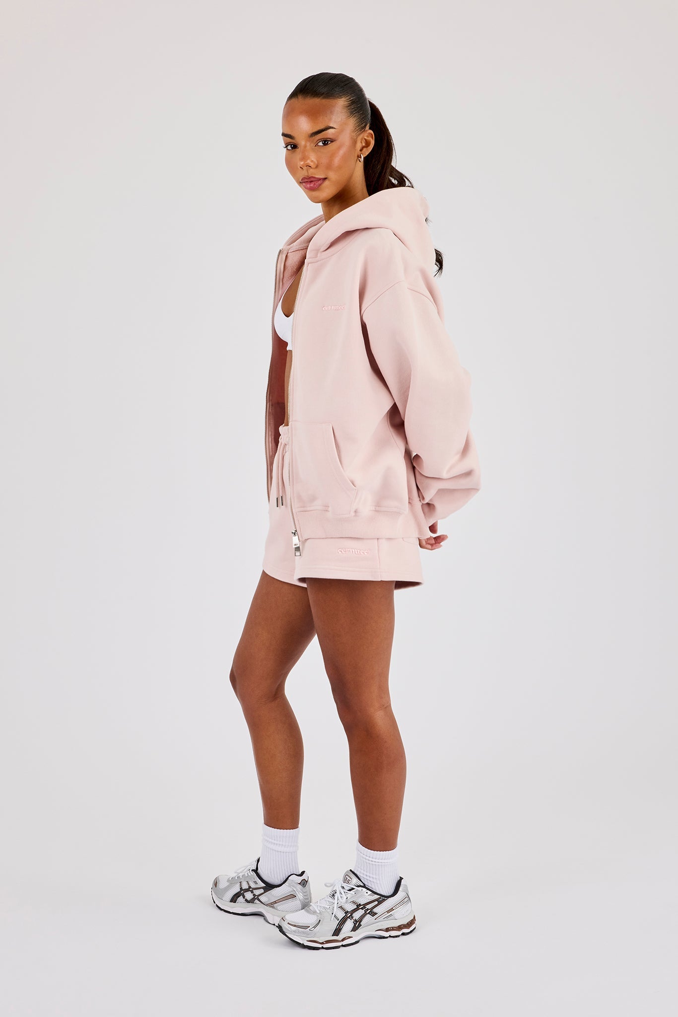 Oversized Zip Through Hoodie & Embroidered Short - Dusty Pink