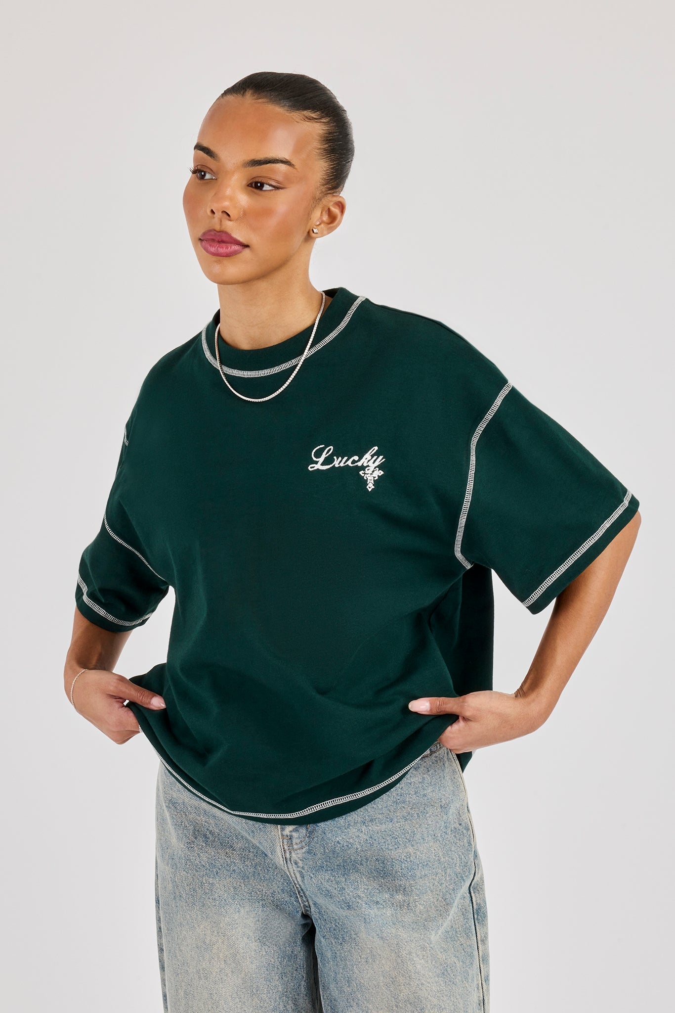 Distressed 86 Oversized T-Shirt - Bottle Green