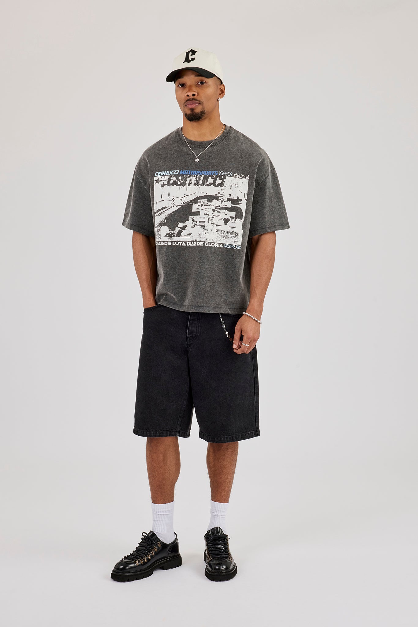 Washed Boxy Fit Moto Graphic T-Shirt - Charcoal