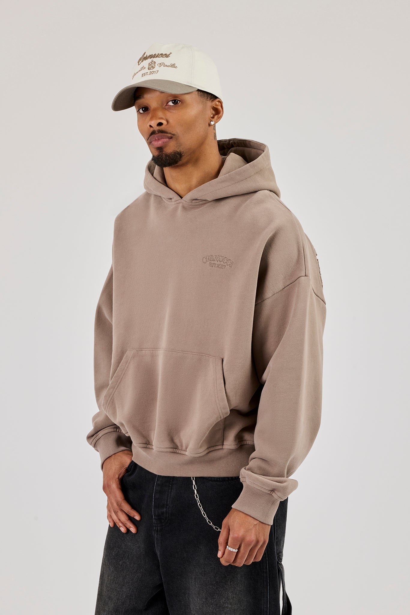 Washed Applique Embroidered Hoodie - Taupe