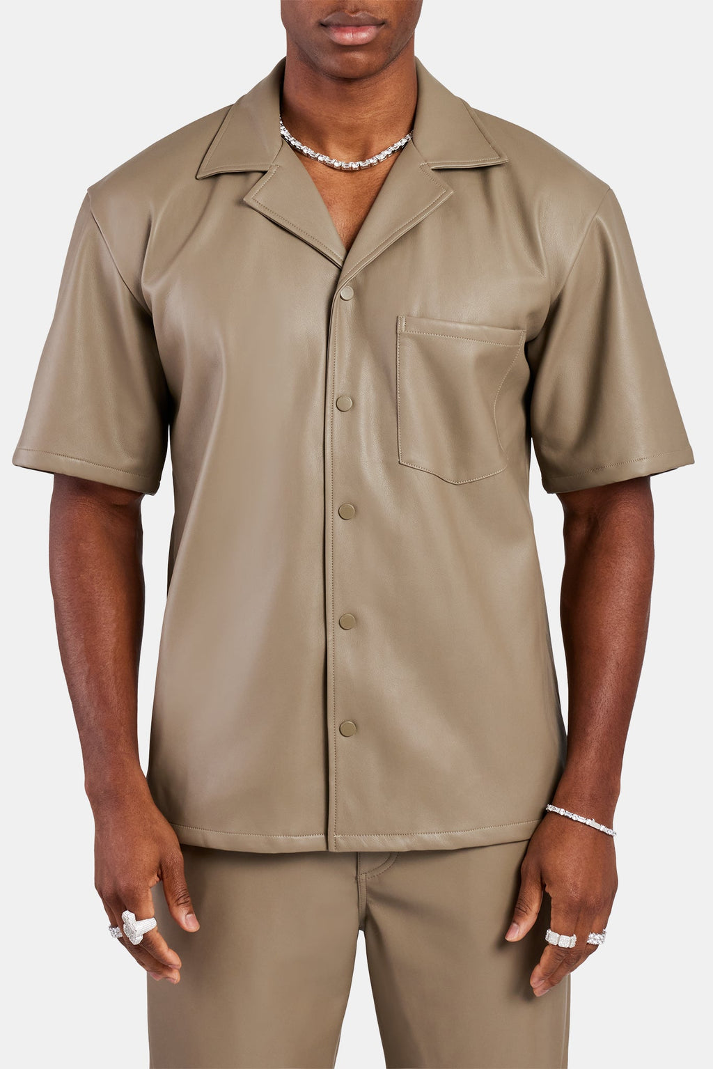Faux Leather Shirt With Pocket - Taupe / XS