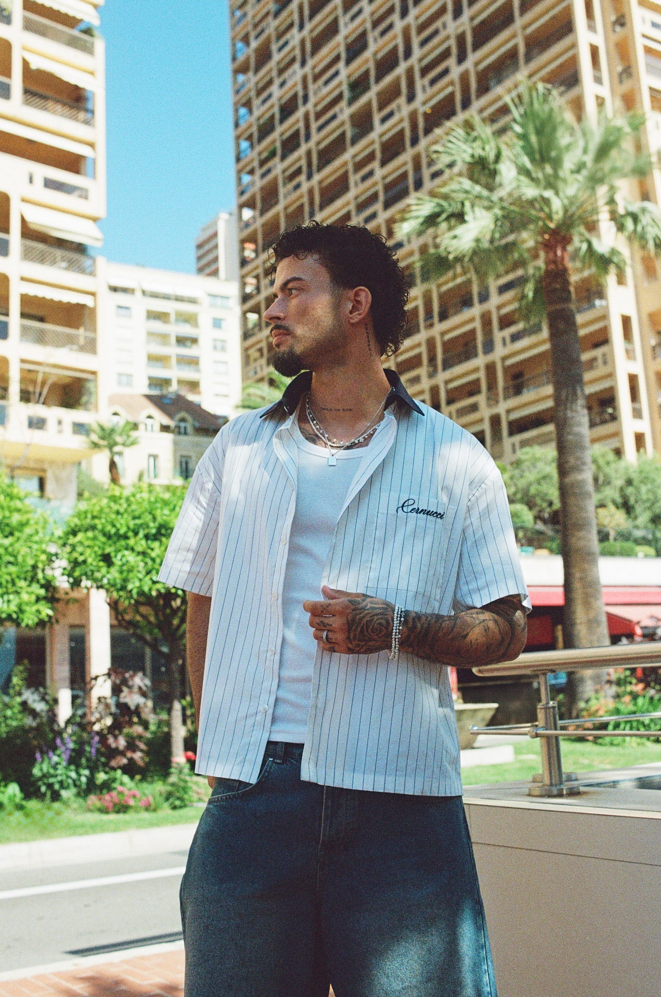 Contrast Collar Short Sleeve Stripe Shirt - Navy