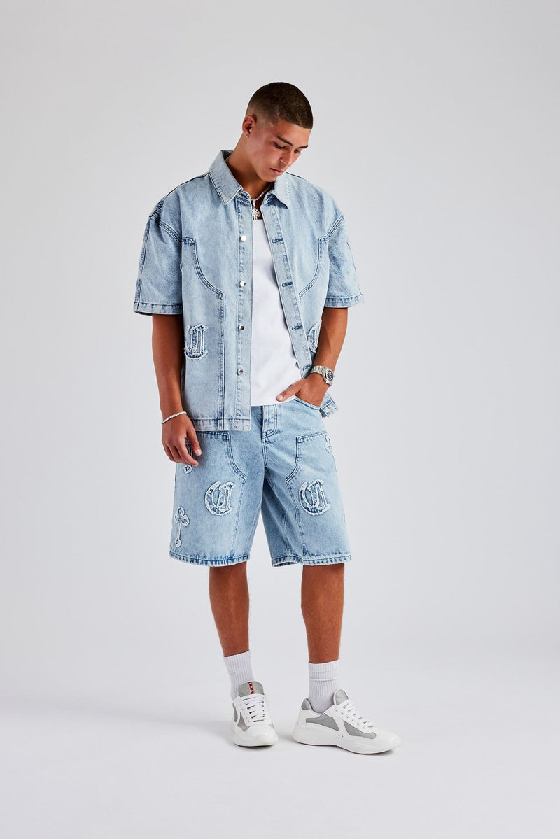 Raw Edge Applique Carpenter Denim Shirt - Ice Blue