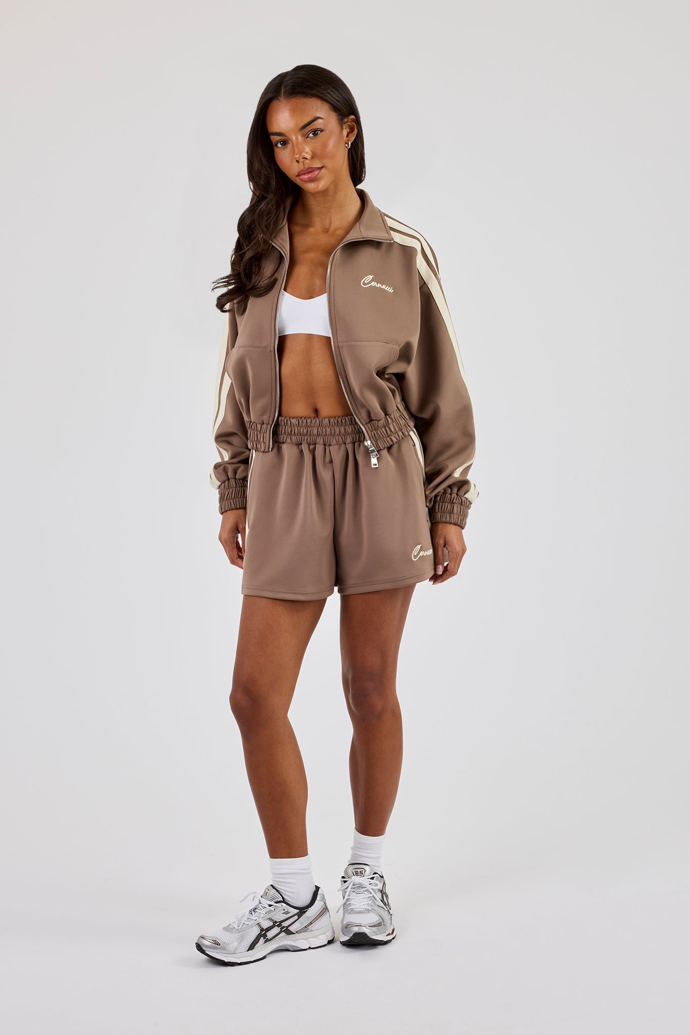 Taping Cropped Funnel Neck Track Jacket & Taping Short - Taupe