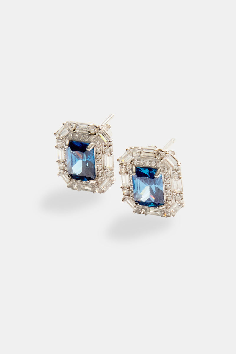 14mm Sterling Silver Blue CZ Baguette Cluster Stud Earrings