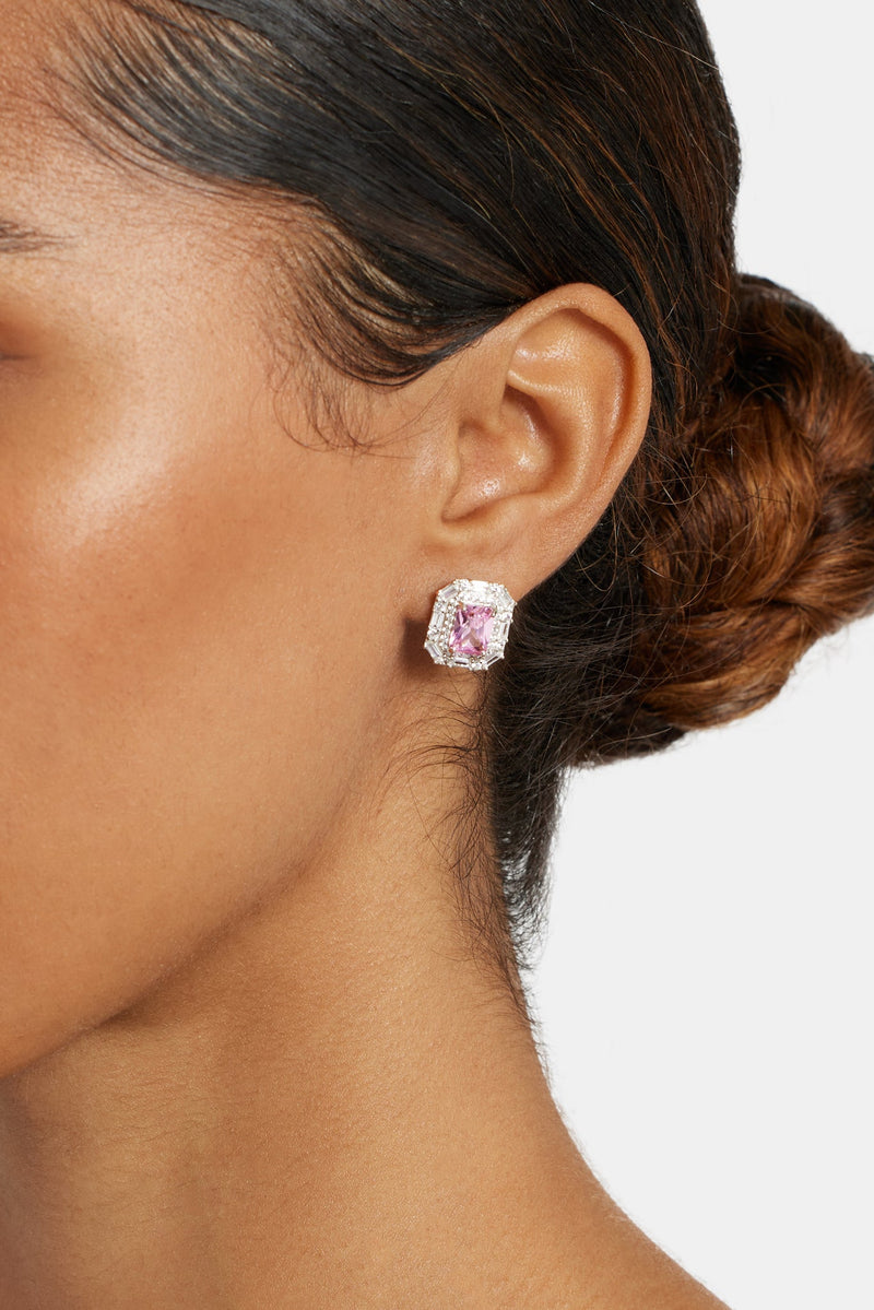 14mm Sterling Silver Pink CZ Baguette Cluster Stud Earrings
