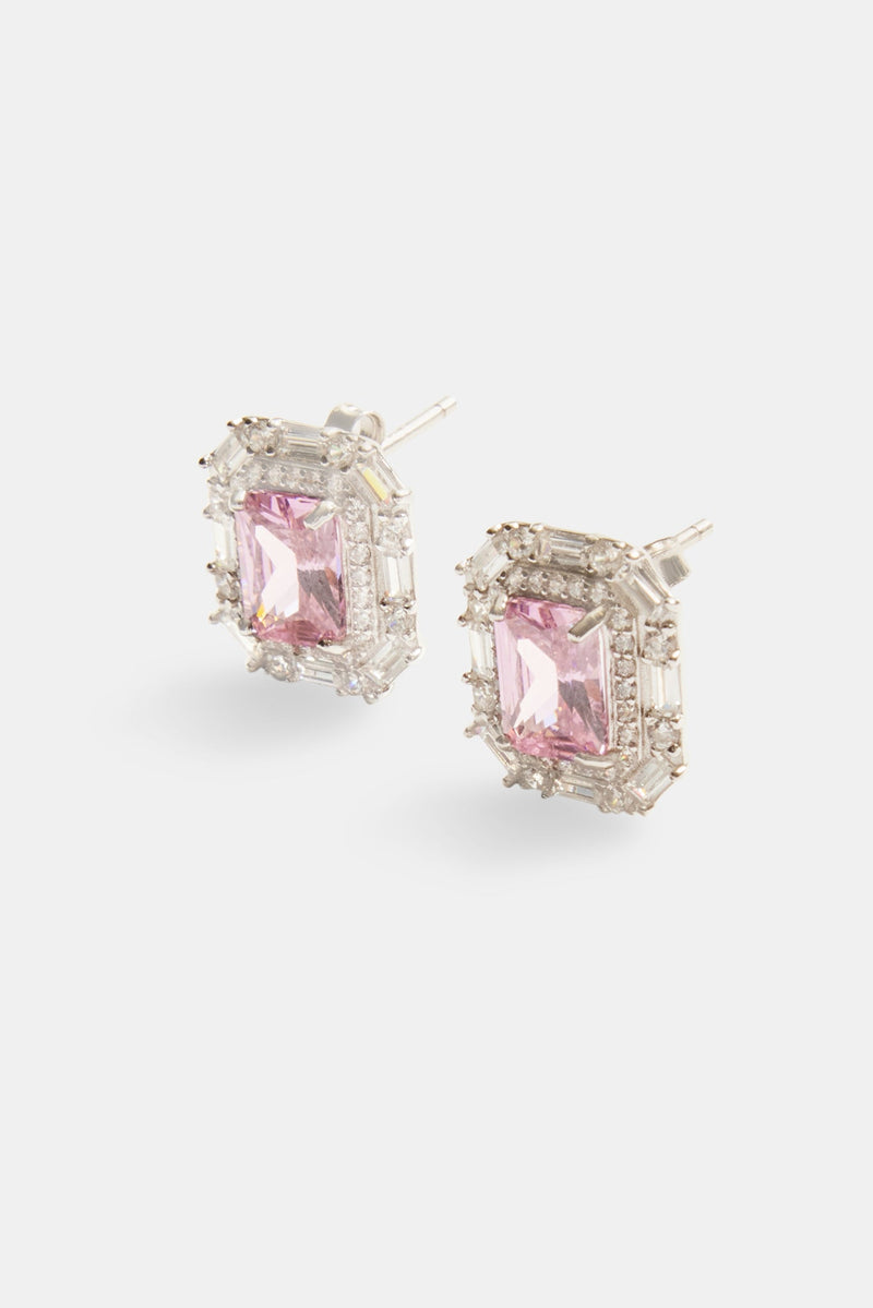 14mm Sterling Silver Pink CZ Baguette Cluster Stud Earrings