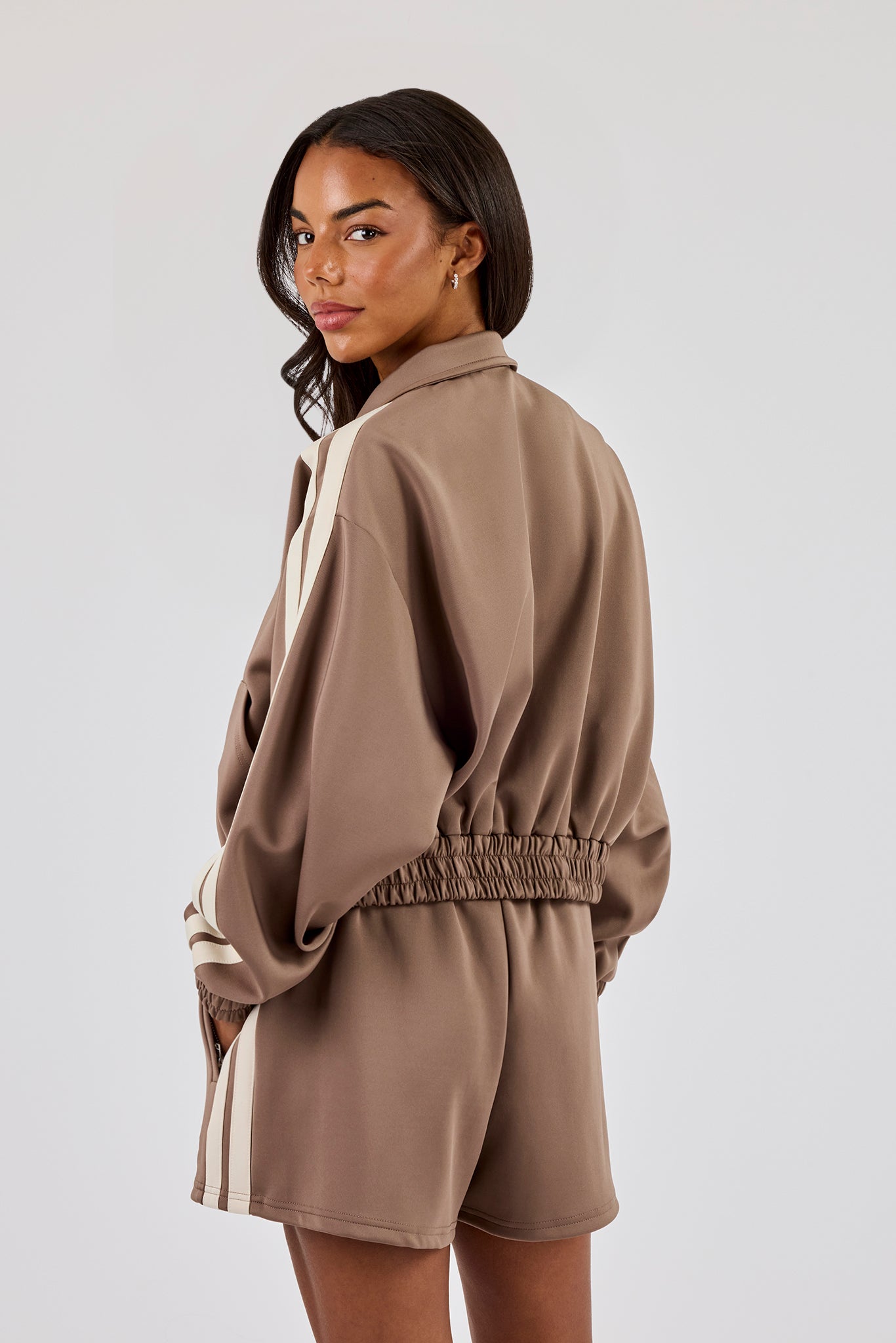 Taping Cropped Funnel Neck Jacket - Taupe | Womens Outerwear