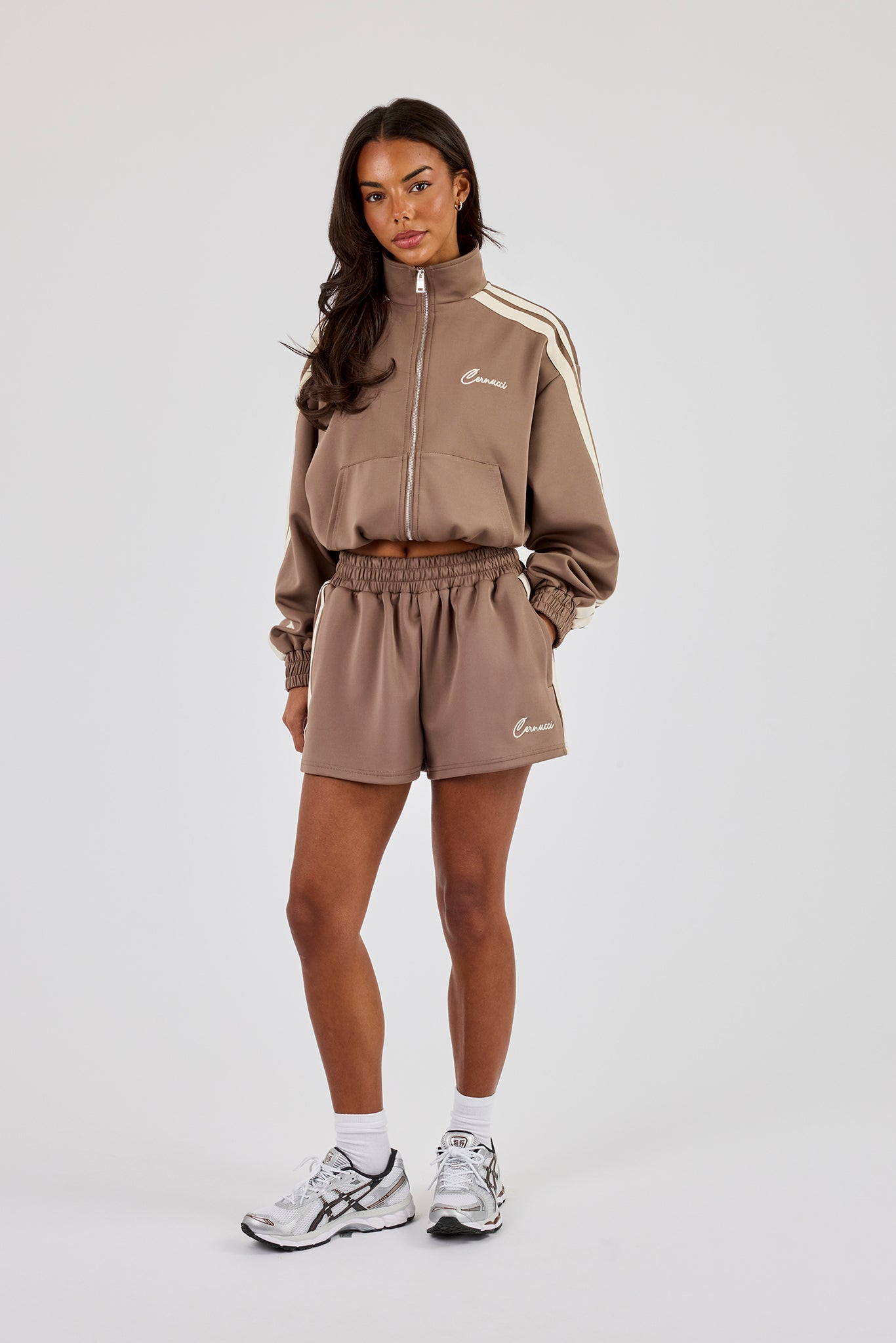 Taping Cropped Funnel Neck Track Jacket & Taping Short - Taupe