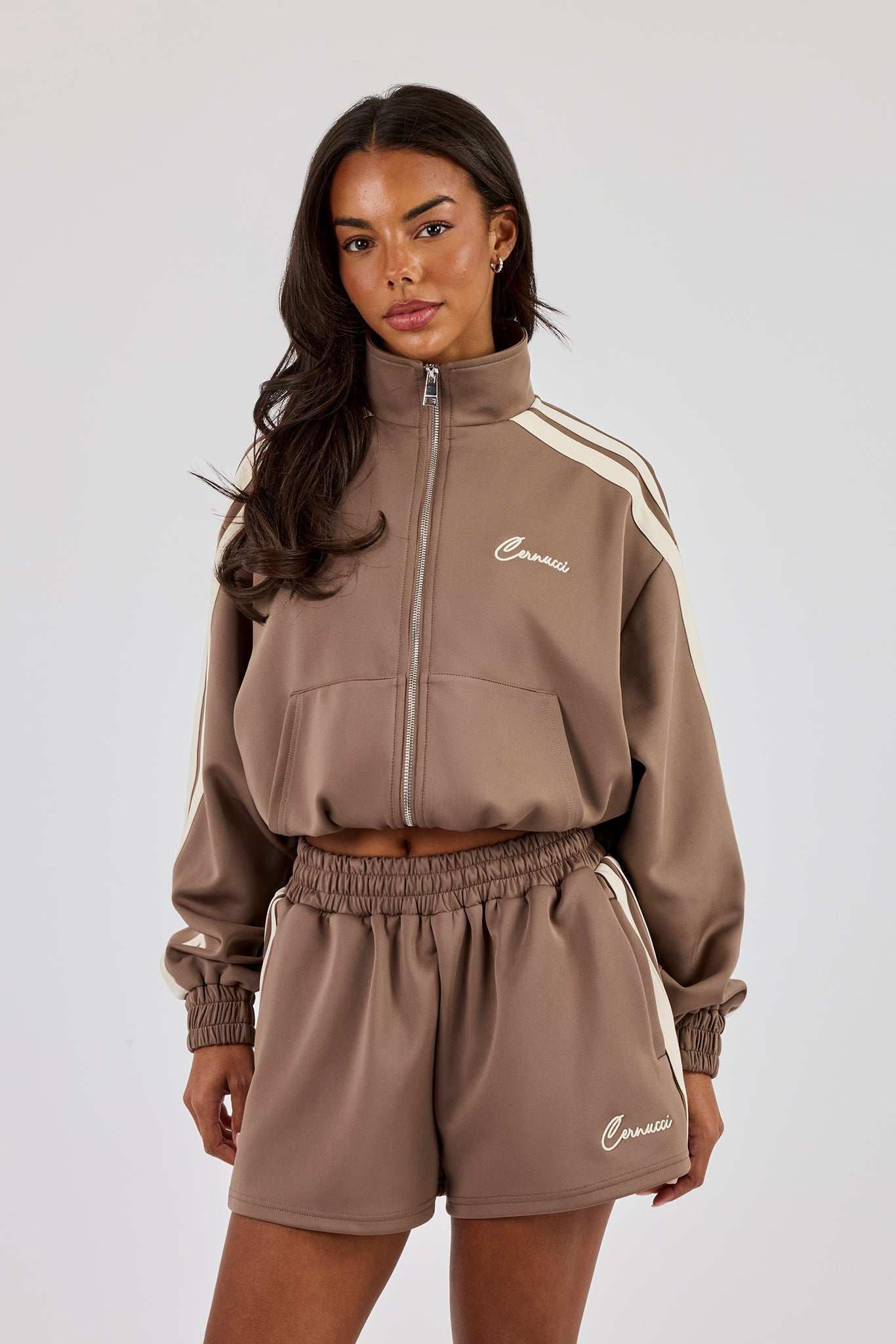 Taping Cropped Funnel Neck Jacket - Taupe | Womens Outerwear