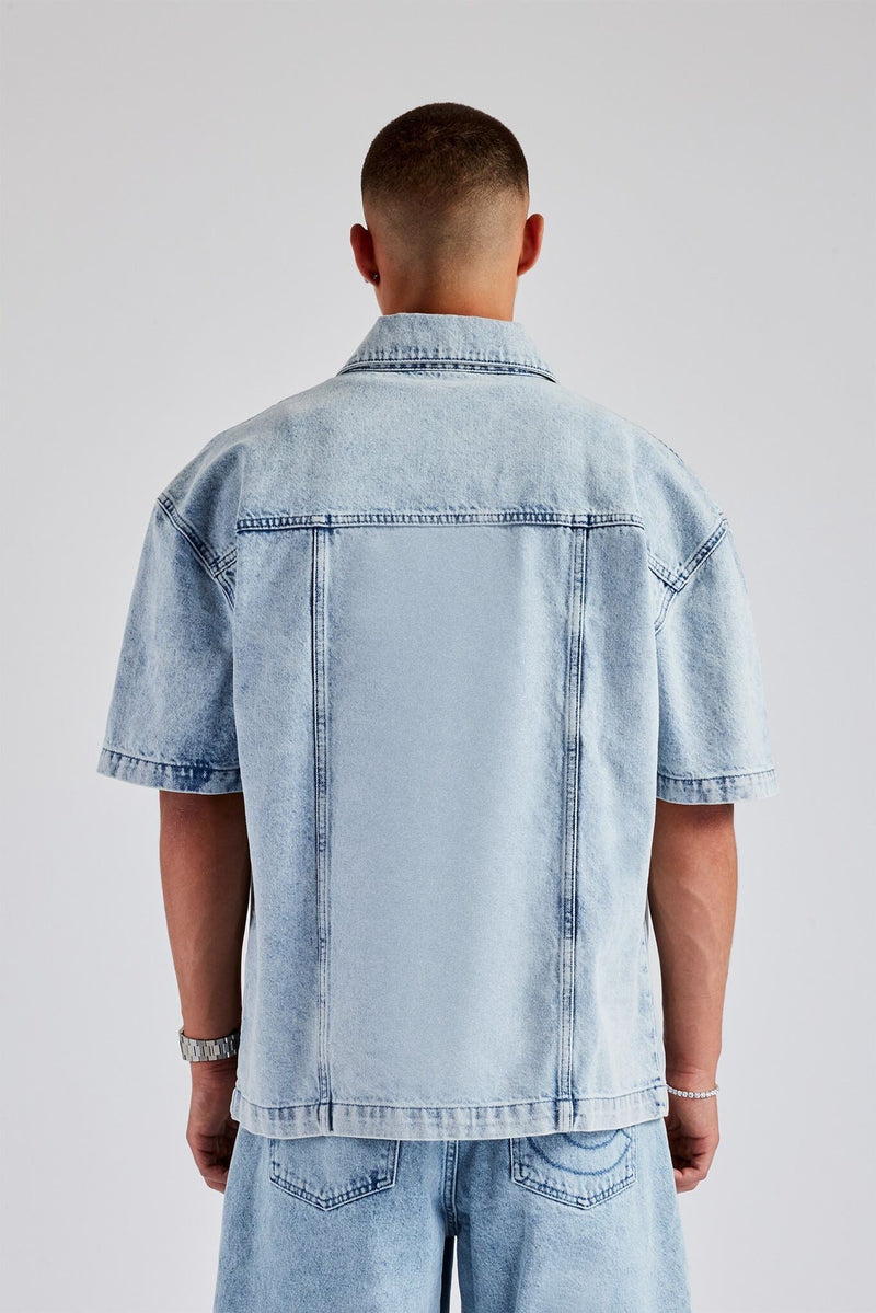 Raw Edge Applique Carpenter Denim Shirt - Ice Blue