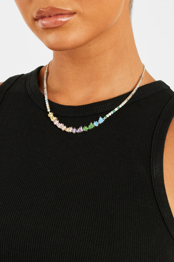 6mm Iced Multi Colour Tennis Toggle Necklace - White Gold