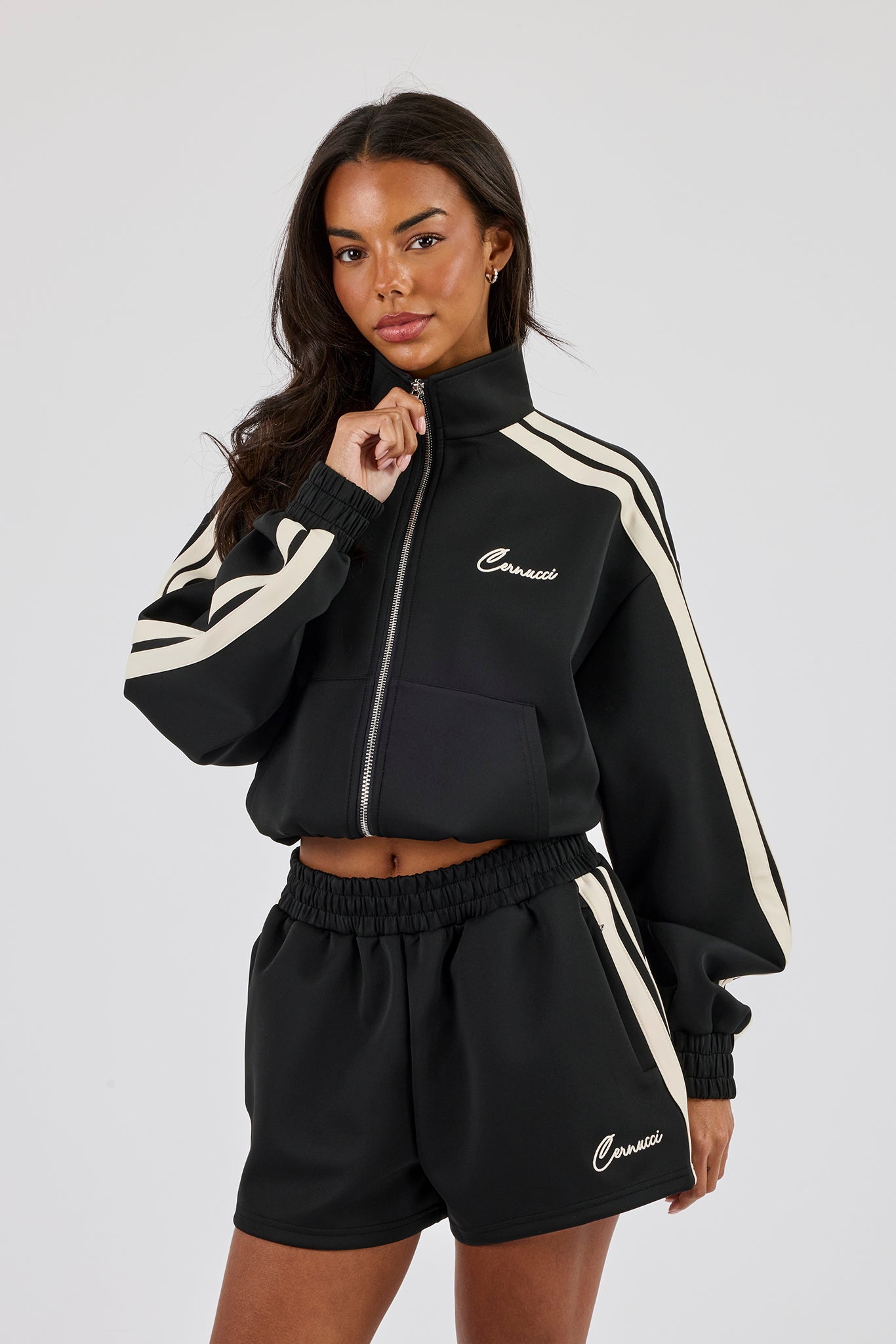 Taping Cropped Funnel Neck Jacket - Black