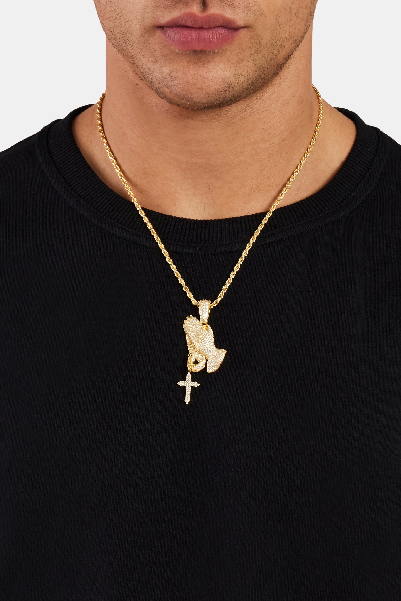 925 Sterling Silver Iced Praying Hands Pendant - Gold