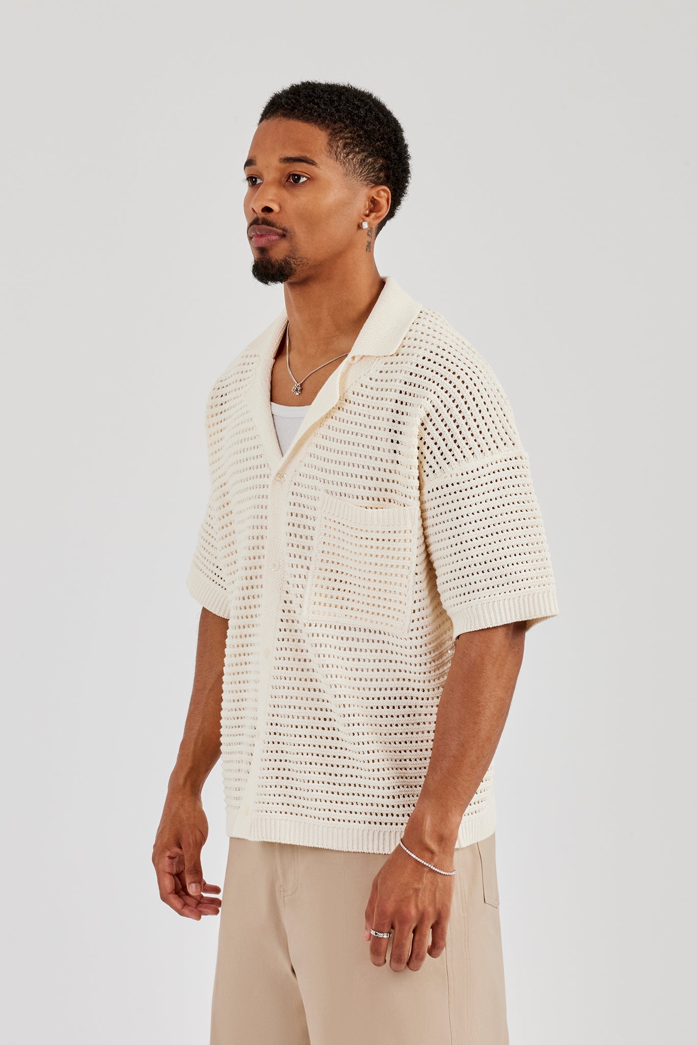 Crochet Knit Shirt - Off White | Mens Knitwear | Shop Knit Shirts