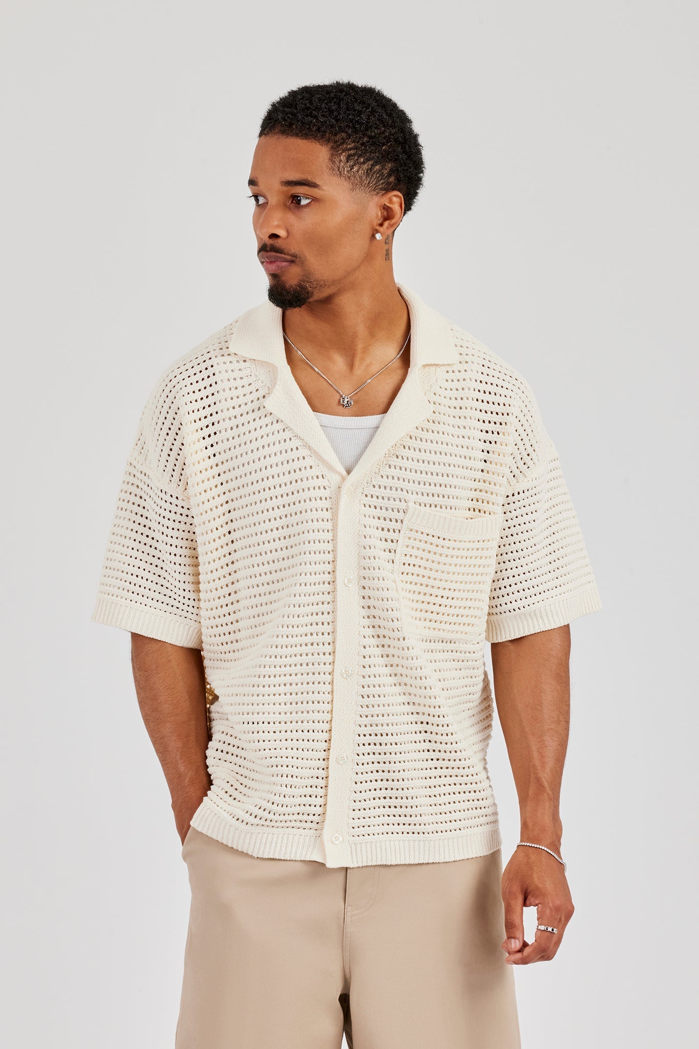 Crochet Knit Shirt - Off White | Mens Knitwear | Shop Knit Shirts