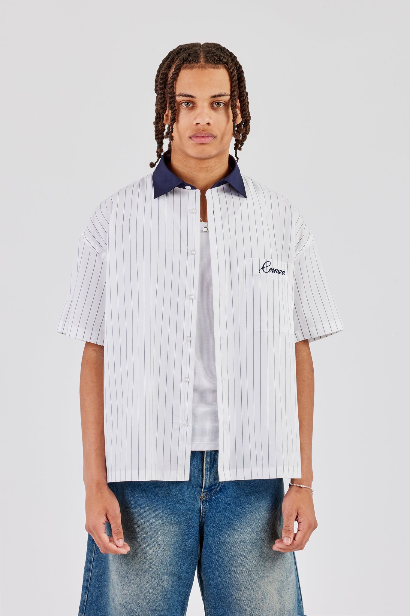 Contrast Collar Short Sleeve Stripe Shirt - Navy